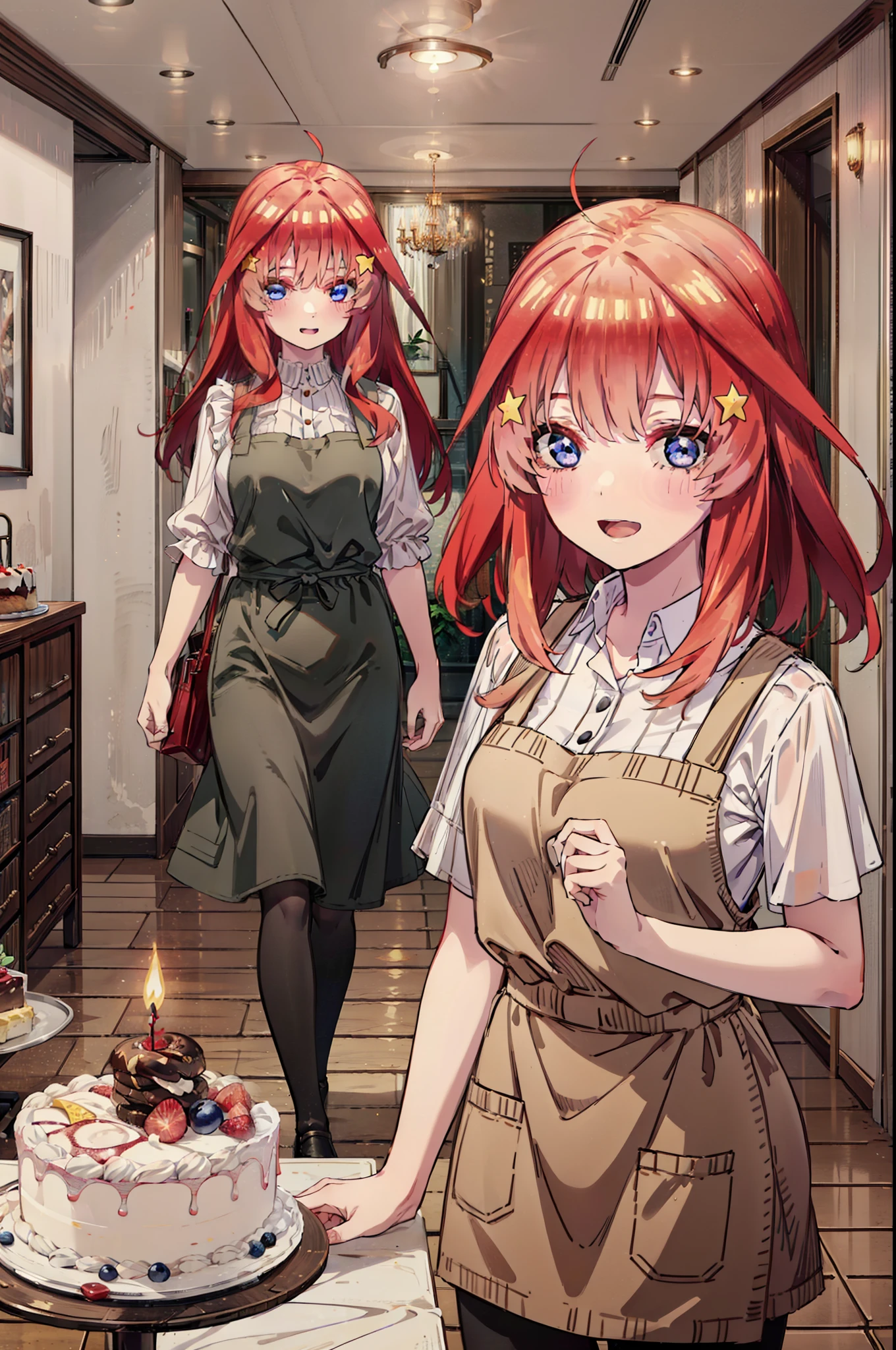 itsukinakano, Itsuki Nakano, bangs, blue eyes, Hair between the eyes, Ahoge, Redhead, star \(symbol\), hair ornaments,happy smile, smile, Open your mouth,cracker, star hair ornaments,Red Tank Top,Long skirt,Black pantyhose,apron,Walking,There is food and a birthday cake on the table,whole bodyがイラストに入るように,
break indoors, room,
break looking at viewer,whole body,
break (masterpiece:1.2), Highest quality, High resolution, unity 8k wallpaper, (figure:0.8), (Beautiful attention to detail:1.6), Highly detailed face, Perfect lighting, Highly detailed CG, (Perfect hands, Perfect Anatomy),