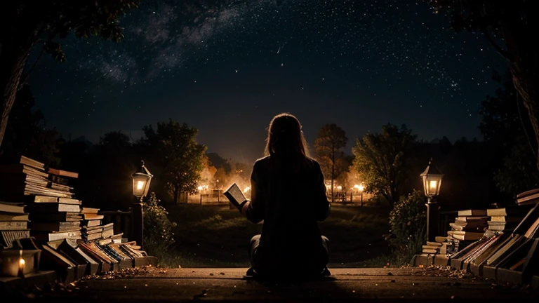 An October background, a magical world and books. WITHOUT PEOPLE ONLY PLACE. lights , stars. fireflies. glow.