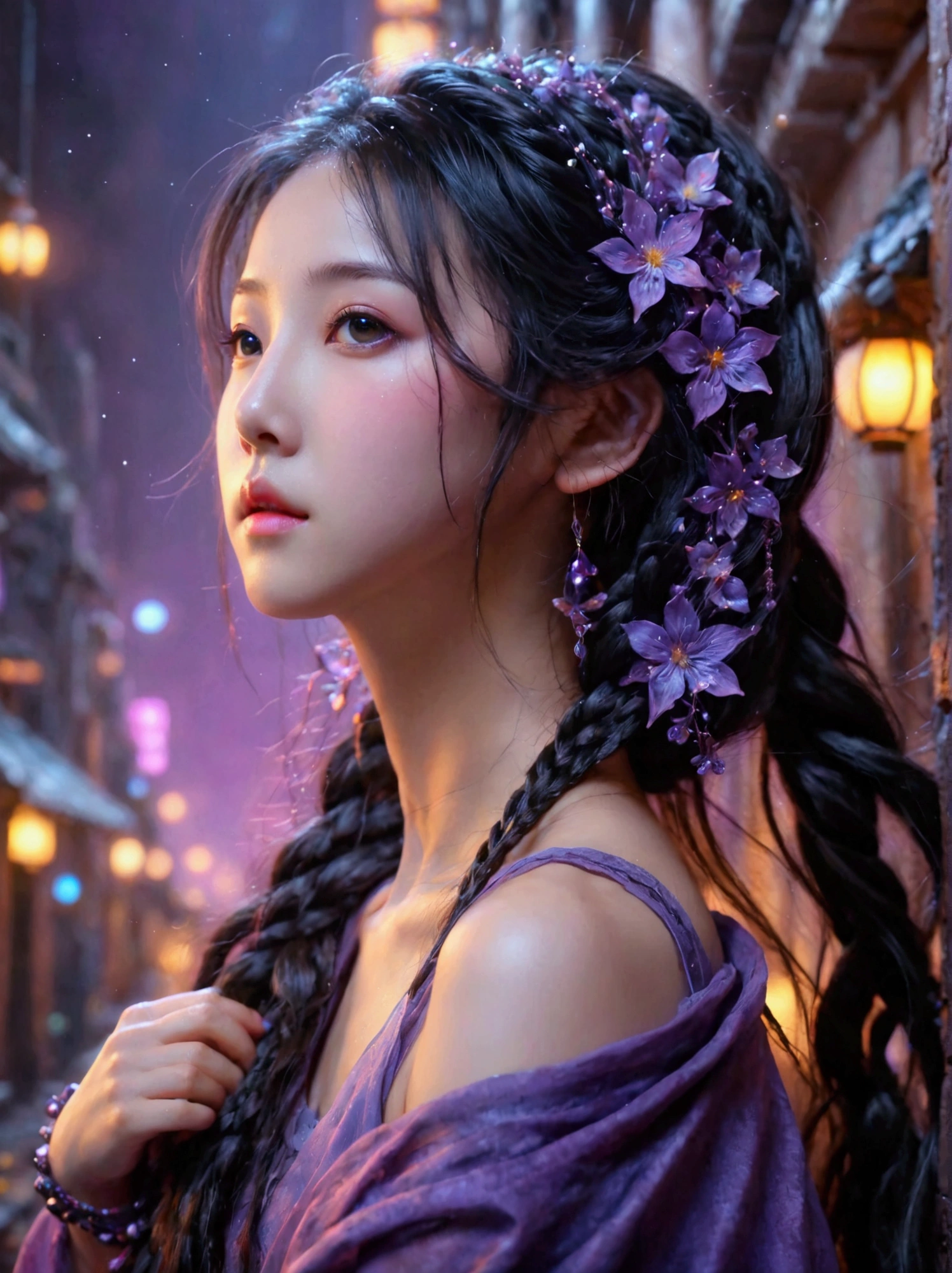 Best quality，8k，high resolution，masterpiece，Ultra Detailed，lifelike，Photorealism，A beautiful Korean girl，45度斜侧着Looking up，Red hair with two braids，戴着Purple的月亮发夹，穿着Purple的的吊带衫，(穿着Purple牛仔裤:1.5)，(脚上穿着Purple高跟鞋，black:1.5)，There are doodle moon and stars on it，Purple的眼睛和Purple长睫毛，Purple的金属项链和吊坠耳环，(whole body)，(Vision)，她一只手拿着Purple的钻石话筒，一只手举着Purple的荧光棒，Funny and lively expressions，Purple、Platinum hue，Hand drawn art style，Graffiti Art，Street art，虚化的Purple泡泡背景，Bright colors，45 oblique angle，Looking up，Ultra HD, Physically Based Rendering，Extremely detailed description，Ultra-detailed paintings，Futuristic interior decoration，Neon lights，Sharp focus，Vibrant colors，Science Fiction，Concept Art，High-tech atmosphere，Studio Lighting，HDR，Ultra HD，Bokeh