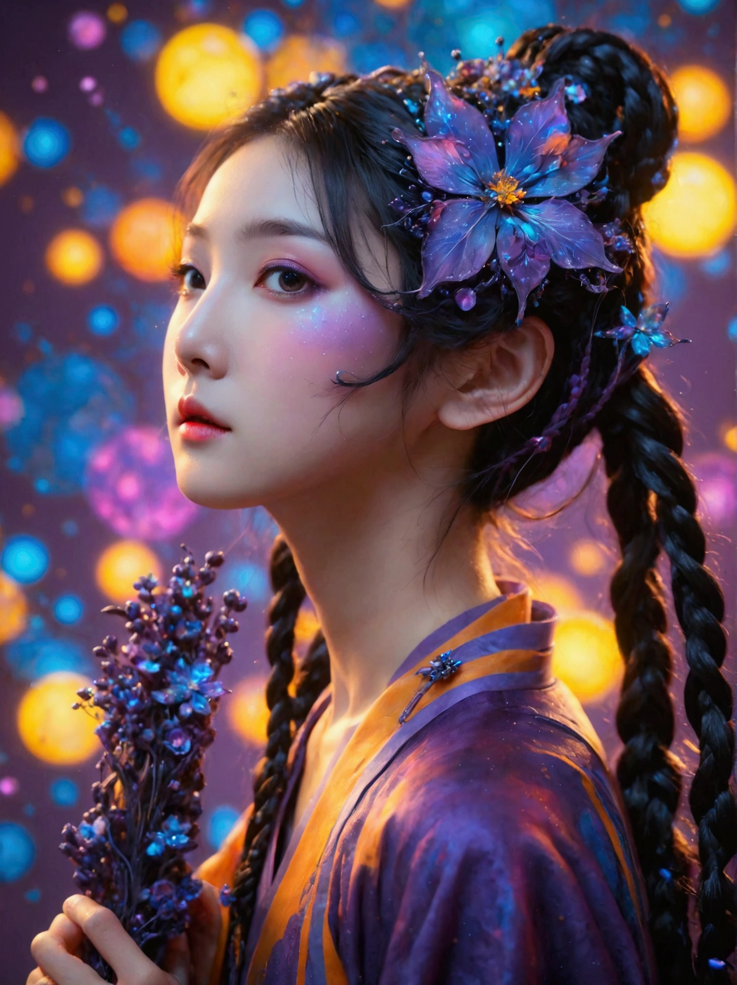 Best quality,8k,high resolution,masterpiece,Ultra Detailed,lifelike,Photorealism,A beautiful Korean girl,45度斜侧着Looking up,Red hair with two braids,戴着Purple的月亮发夹,穿着Purple的的吊带衫,(穿着Purple牛仔裤:1.5),(脚上穿着Purple高跟鞋,black:1.5),There are doodle moon and stars on it,Purple的眼睛和Purple长睫毛,Purple的金属项链和吊坠耳环,(whole body),(Vision),她一只手拿着Purple的钻石话筒,一只手举着Purple的荧光棒,Funny and lively expressions,Purple、Platinum hue,Hand drawn art style,Graffiti Art,Street art,虚化的Purple泡泡背景,Bright colors,45 oblique angle,Looking up,Ultra HD, Physically Based Rendering,Extremely detailed description,Ultra-detailed paintings,Futuristic interior decoration,Neon lights,Sharp focus,Vibrant colors,Science Fiction,Concept Art,High-tech atmosphere,Studio Lighting,HDR,Ultra HD,Bokeh