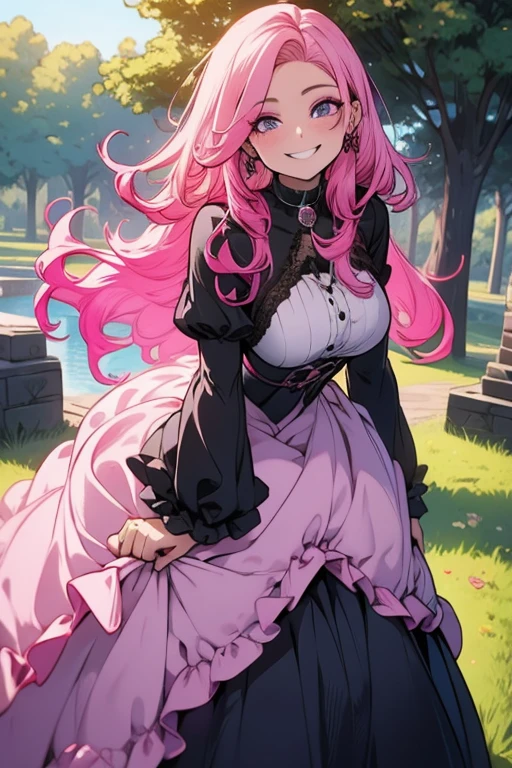One woman.Perfect face. Perfect hands. A pink haired woman with violet eyes and an hourglass figure in a ballgown is smiling while leaning forward in the park