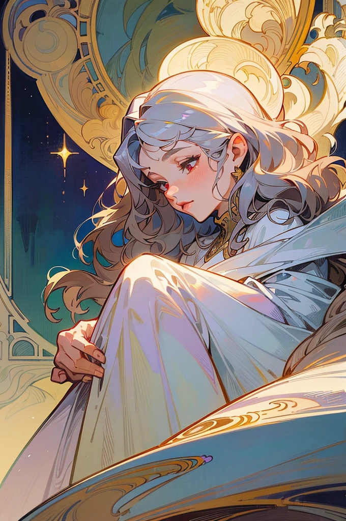 femme de 50 ans, Middle-aged European, ((trentenaire)), solo, full lips, (visage de forme ovale), (Heavenly Nose), wears a cape, peau claire et chaude, red eyes, doe eyes, very silver hair, very light, short wavy hair, Long cils, elegant and sexy dark Medieval adventure clothes, (mode brocart), Glow, ghotic, elegant, soft lighting, le romantisme, atmospheric, tendance sur artstation, ((In the style of Alphonse Mucha)), inkshadow, (((Masterpiece artwork))), ((best quality)), ((complex detailed)), ((semi-realistic)), (se concentrer uniquement), (visage parfait:1.1), (high detail:1.1), clivage, debout