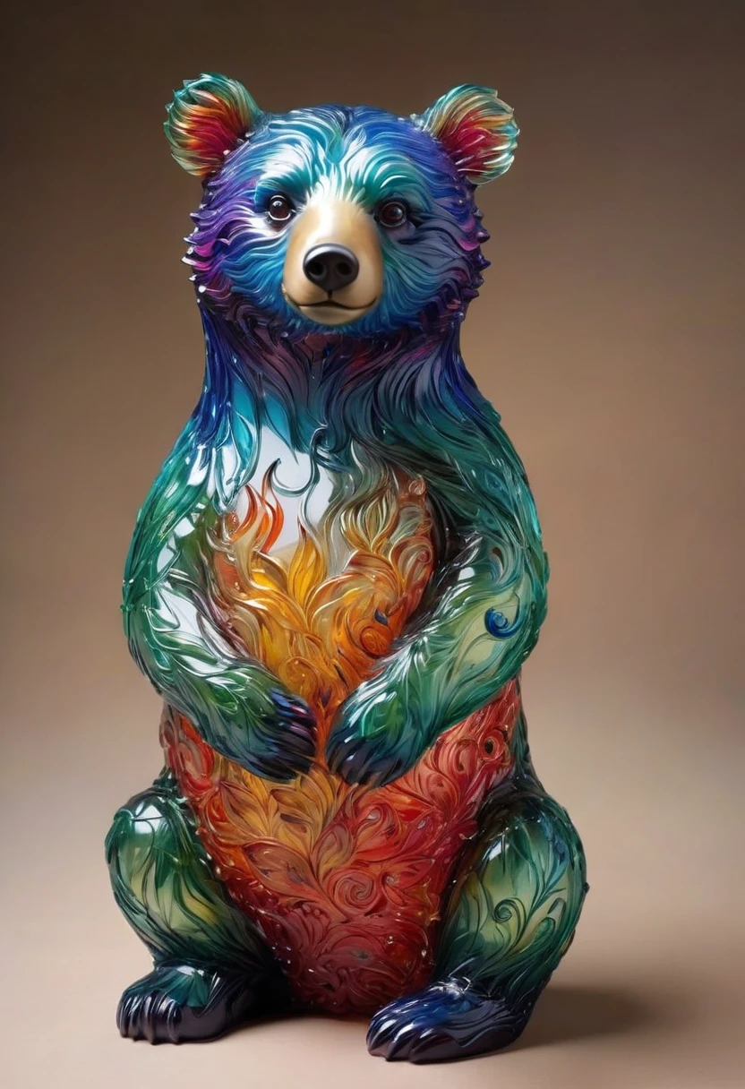 A detailed and vibrant glasssculpture, chubby male anthro bear cub in a fantastical landscape with vibrant colors and intricate details, done by artists such as Ruan Jia