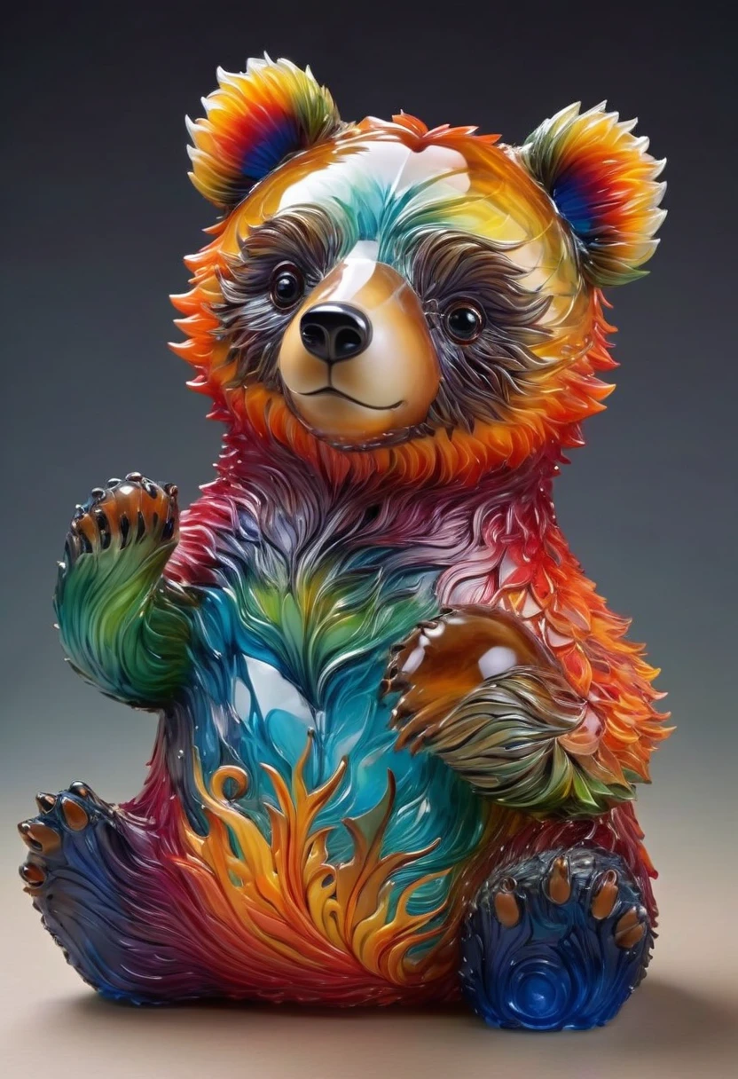 A detailed and vibrant glasssculpture, chubby male anthro bear cub in a fantastical landscape with vibrant colors and intricate details, done by artists such as Ruan Jia