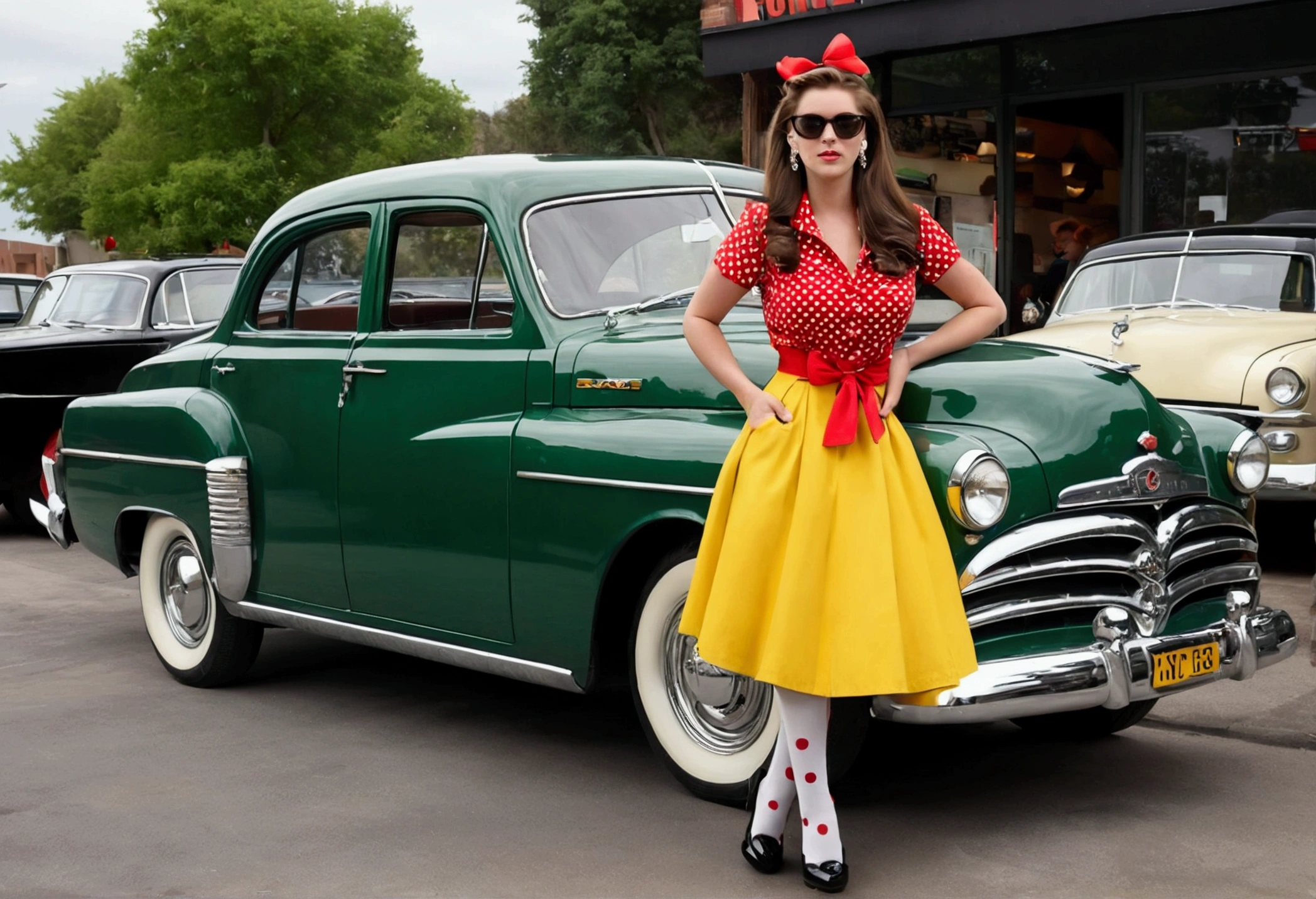 (1girl, long brown hair, green eyes, large breasts), (yellow shirt, red skirt, belt, polkadot skirt, yellow bow, cleavage, earrings, jewelry, black shoes, white socks, sunglasses, eyewear on head), Picture a British racing green colored 1952 Dodge Kingsway Custom parked outside of a Restaurant, its chrome grille catching the sunlight, embodying an era of post-war optimism and automotive innovation, distant shot