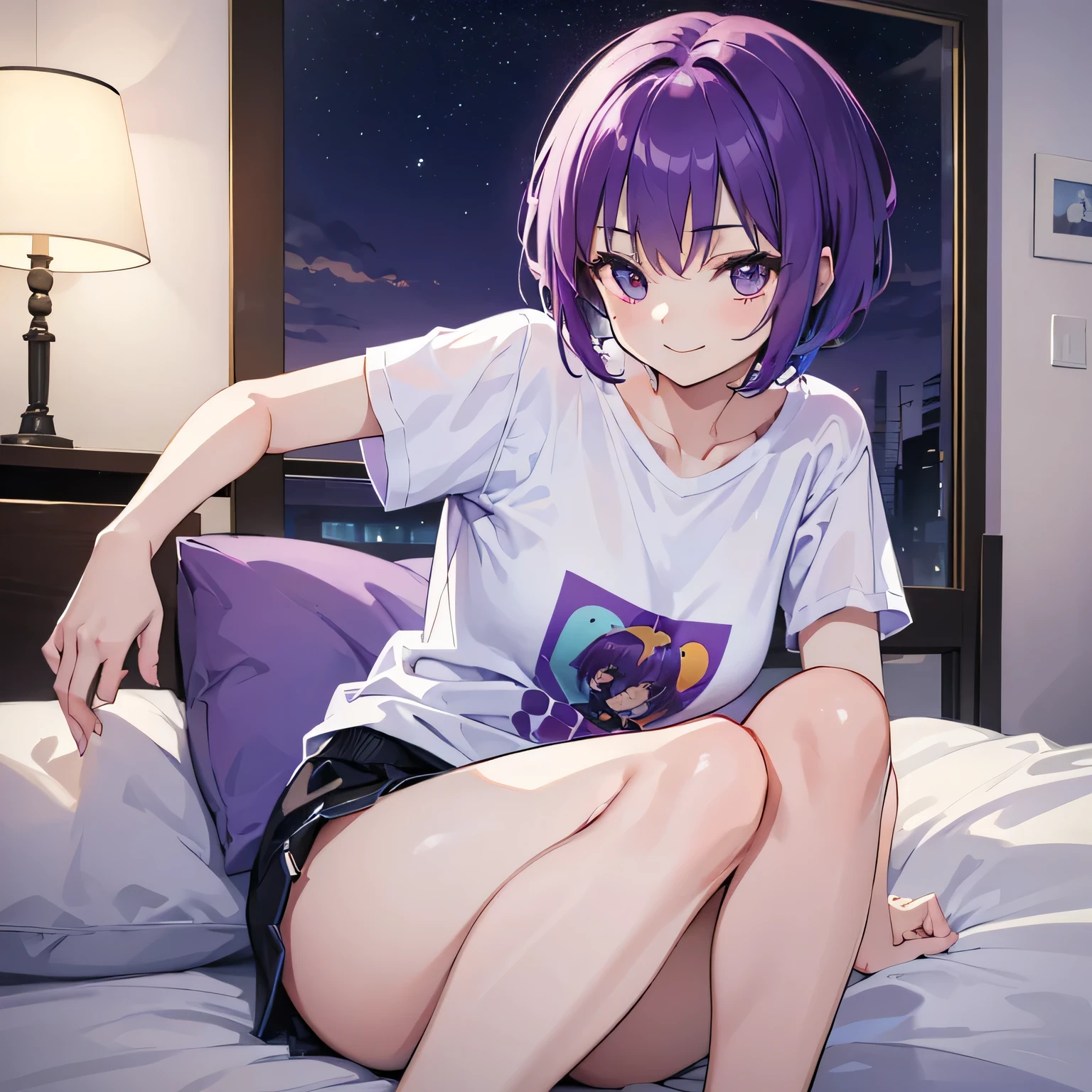 (T Masterpiece,4k wallpaper,Best Quality))、((girl1people))、(solo)、Bright and Brilliant,(Purple Hair)、(short hair:1.3)、smile、Bedroom、T-Shirts、night