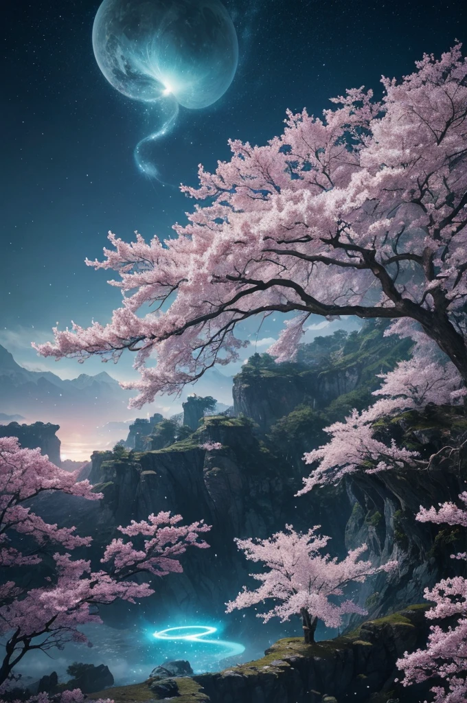 In the realm of whimsical fantasy, a majestic and translucent comet takes to the skies, defying the very laws of nature. Its colossal form glows with a luminescent radiance, each fluid curve and wrinkle captured in exquisite detail in this high-resolution image. Cherry blossoms drift gently through the air around it, their delicate petals unfurling and cascading like rain, falling freely from the branches of ethereal trees that cling tensely to the wondrous behemoth's humongous body. The fantasy landscape that surrounds this aerial spectacle is alive with vibrant colors, as if illuminated by