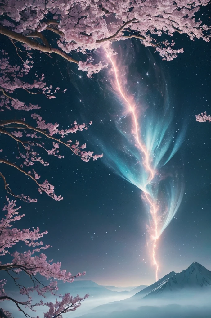 In the realm of whimsical fantasy, a majestic and translucent comet takes to the skies, defying the very laws of nature. Its colossal form glows with a luminescent radiance, each fluid curve and wrinkle captured in exquisite detail in this high-resolution image. Cherry blossoms drift gently through the air around it, their delicate petals unfurling and cascading like rain, falling freely from the branches of ethereal trees that cling tensely to the wondrous behemoth's humongous body. The fantasy landscape that surrounds this aerial spectacle is alive with vibrant colors, as if illuminated by
