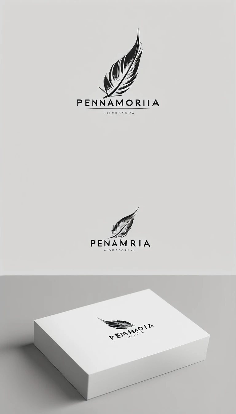 A minimal, modern, simple, cinematic logo design for the brand “Penamemoria". Create a modern, minimalistic, high-quality, logo of a feather that convey a sense of memories and dreams