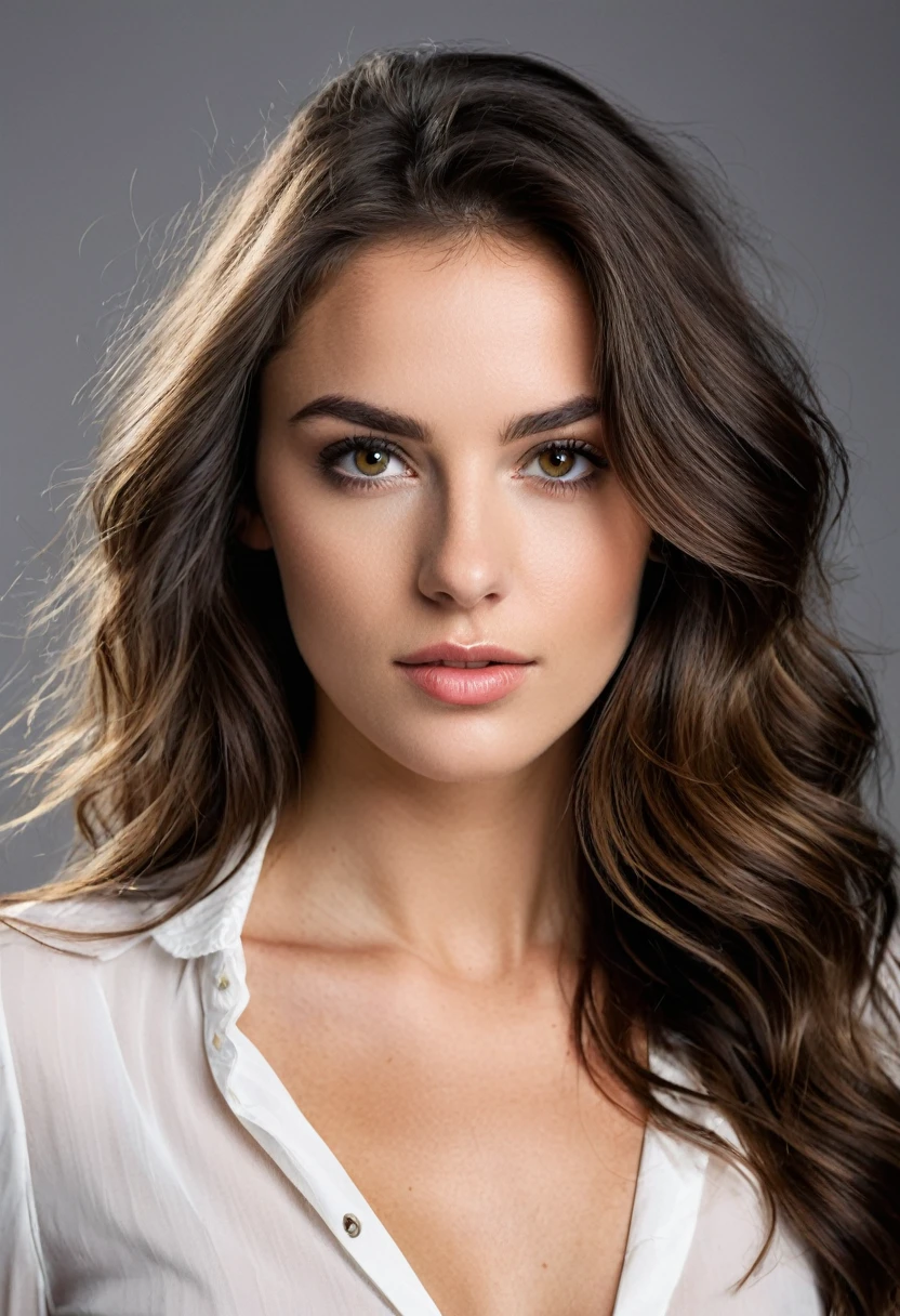 beautiful brunette, long brown hair, wavy hair, ((wearing a tailored set)), from front view (((em um estúdio photoshotgráfico com fundo branco))), highy detailed, 20 years old, natural wavy hair, Brown eyes, high resolution, work of art, excellent quality, complexdetails, extremely detaild, sharp focus, skin detailed, skin black, realisitic texture de pele, texture, detailedeyes, proffesional, 4K, ((number Hasselblad, 100mm, Selective focus)), Ilford color vision, perfectbody, extremely detaild with beautiful curves, photoshot_(ultra), photoshot realisitic, realisitic, Post-processing, Maximum details, roughness, real-life, ultra realisitic, photoshotrrealismo, photoshotgrafia, 8k hd, photoshotgrafia (film grain) medium shot for filming (((contrasted studio lighting))) Em primeiro plano