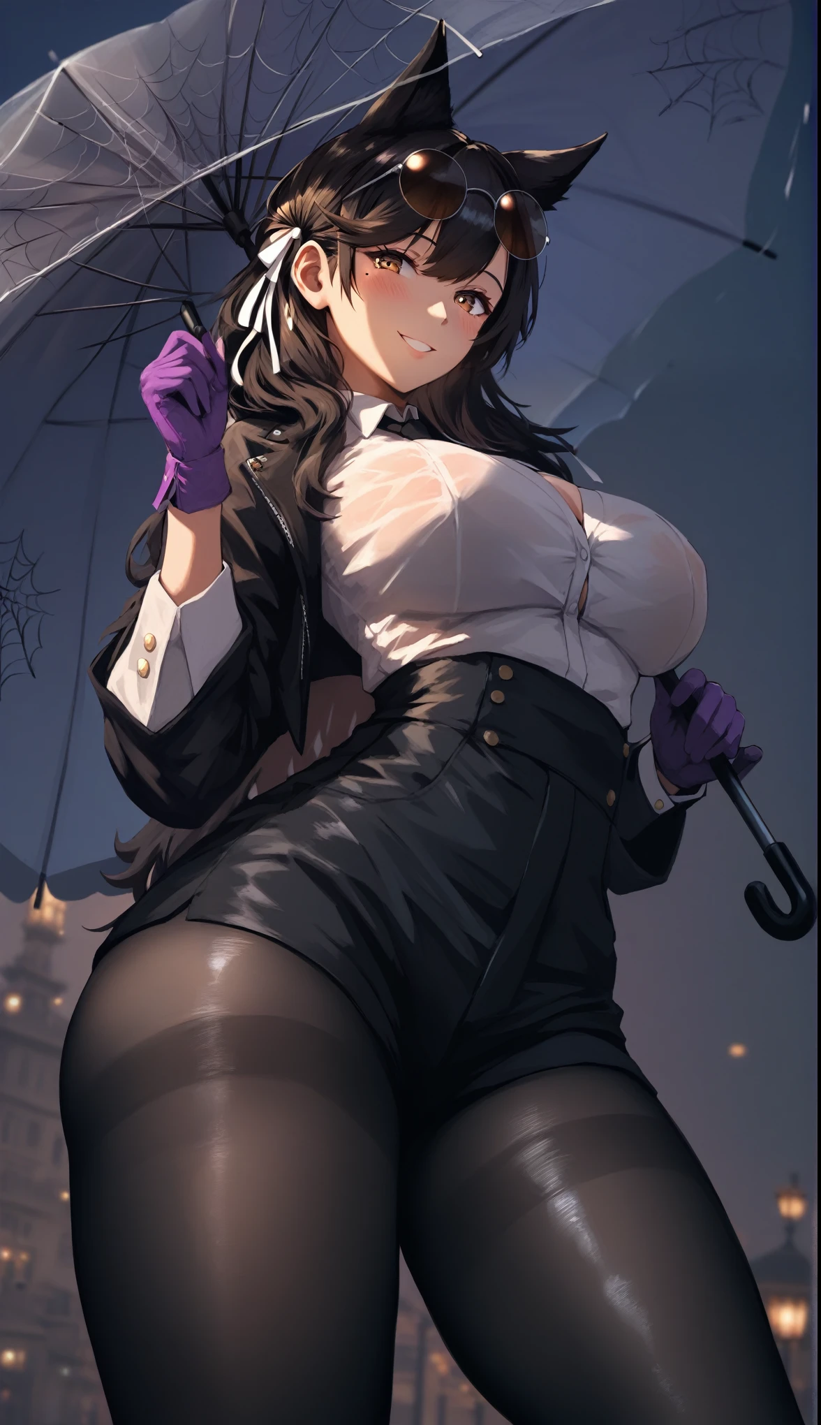 (hero neisan art style:0.7), score_9, score_8_up, score_7_up, score_6_up, uncensored, atago_\(azur_lane\), black hair, kemonomimi, bangs, long hair, brown eyes, mole_under_eye, BREAK (masterpiece:1.2), best quality, high resolution, (beautiful detailed eyes:1.3), perfect lighting, (perfect hands, perfect anatomy), large breasts, sagging breasts, umbrella, holding umbrella, thug shirt, 1girl, high-waist shorts, solo, breasts, round eyewear, eyewear on head, pantyhose, umbrella, shirt, white shirt, large breasts, shorts, black jacket,  sunglasses, looking at viewer, jacket, long sleeves, holding umbrella, thighs, pantyhose under shorts, black shorts, smile, black pantyhose, purple gloves, gloves, transparent umbrella, cowboy shot, spider web print, 