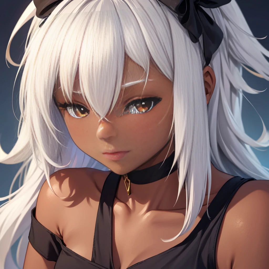 Gyaru, dark skinned, white hair,solo female,dark skinned female