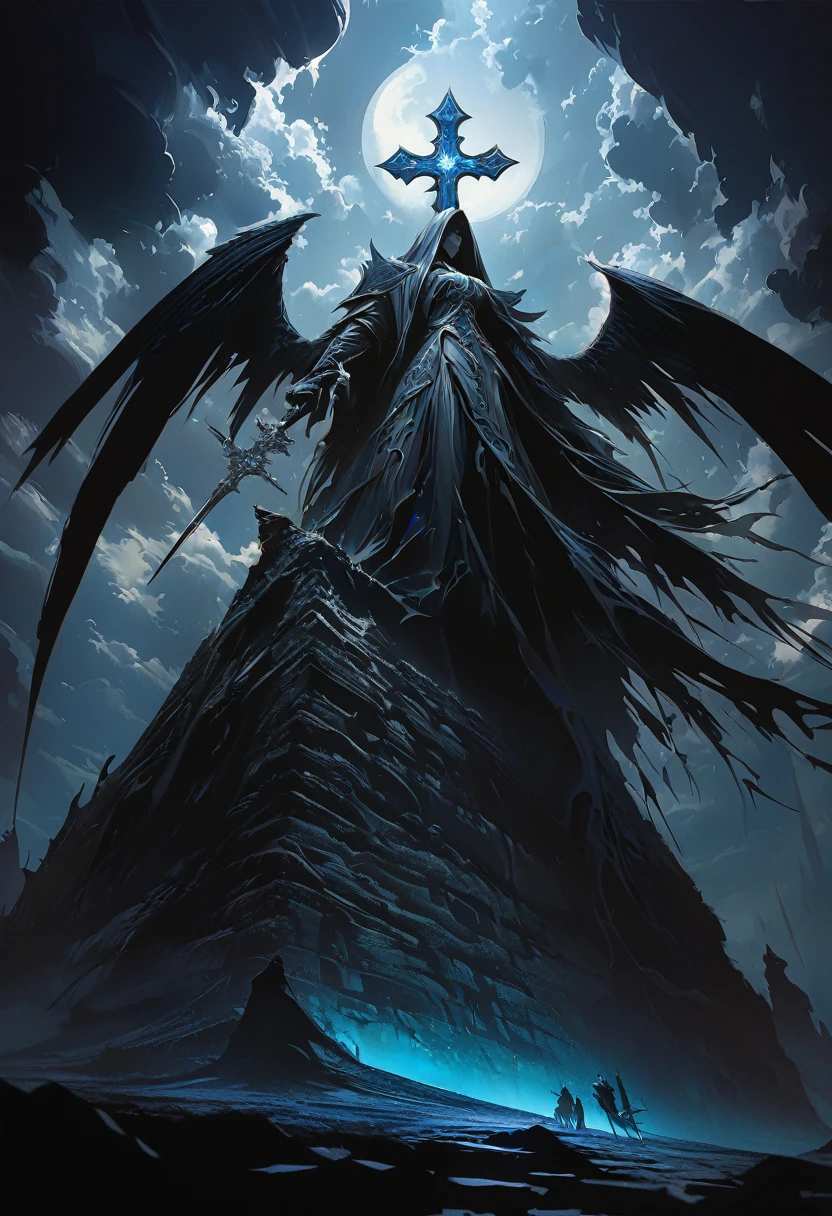 (masterpiece, best quality: 1.2), Underground Angel, Folding wings, Holding a blue silver cross, moonlight, partly cloudy, Dark fantasy illustration style, Dark Arts, High contrast, Dark Shadows, Atmospheric perspective , Melancholic colors, work, Volumetric Lighting, number, Brushstrokes, Dramatic Lighting, Low Angle, Surrealism, Very detailed, Surrealism