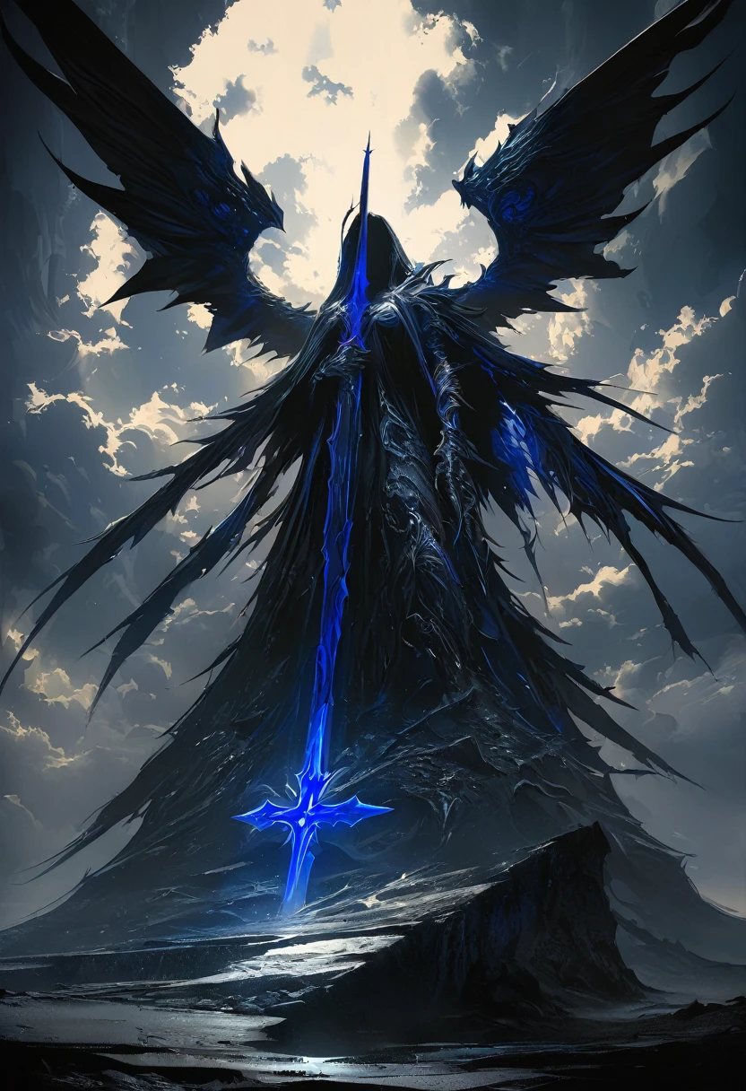 (masterpiece, best quality: 1.2), Underground Angel, Folding wings, Holding a blue silver cross, moonlight, partly cloudy, Dark fantasy illustration style, Dark Arts, High contrast, Dark Shadows, Atmospheric perspective , Melancholic colors, work, Volumetric Lighting, number, Brushstrokes, Dramatic Lighting, Low Angle, Surrealism, Very detailed, Surrealism