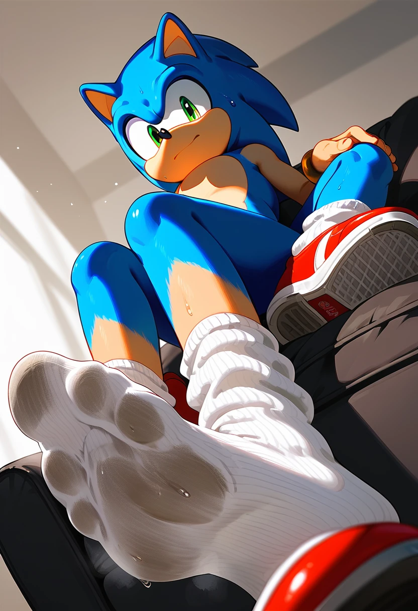 score_9,score_8_up score_7_up, male, furry, anthro, Sonic the Hedgehog, boy, sitting on couch, low angle view, blue fur, (male:1.1), socked feet, foot focus, socks, focus on sweaty socks, naked, taking shoes off, red shoes, white socks, dirty white socks,