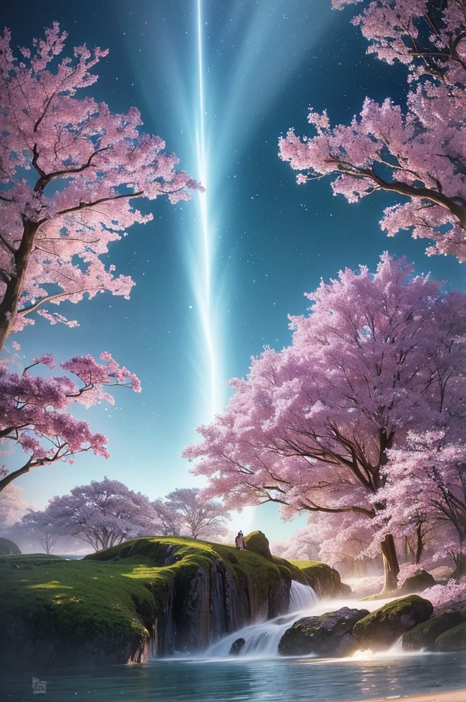 In the realm of whimsical fantasy, a majestic and translucent comet takes to the skies, defying the very laws of nature. Its colossal form glows with a luminescent radiance, each fluid curve and wrinkle captured in exquisite detail in this high-resolution image. Cherry blossoms drift gently through the air around it, their delicate petals unfurling and cascading like rain, falling freely from the branches of ethereal trees that cling tensely to the wondrous behemoth's humongous body. The fantasy landscape that surrounds this aerial spectacle is alive with vibrant colors, as if illuminated by

