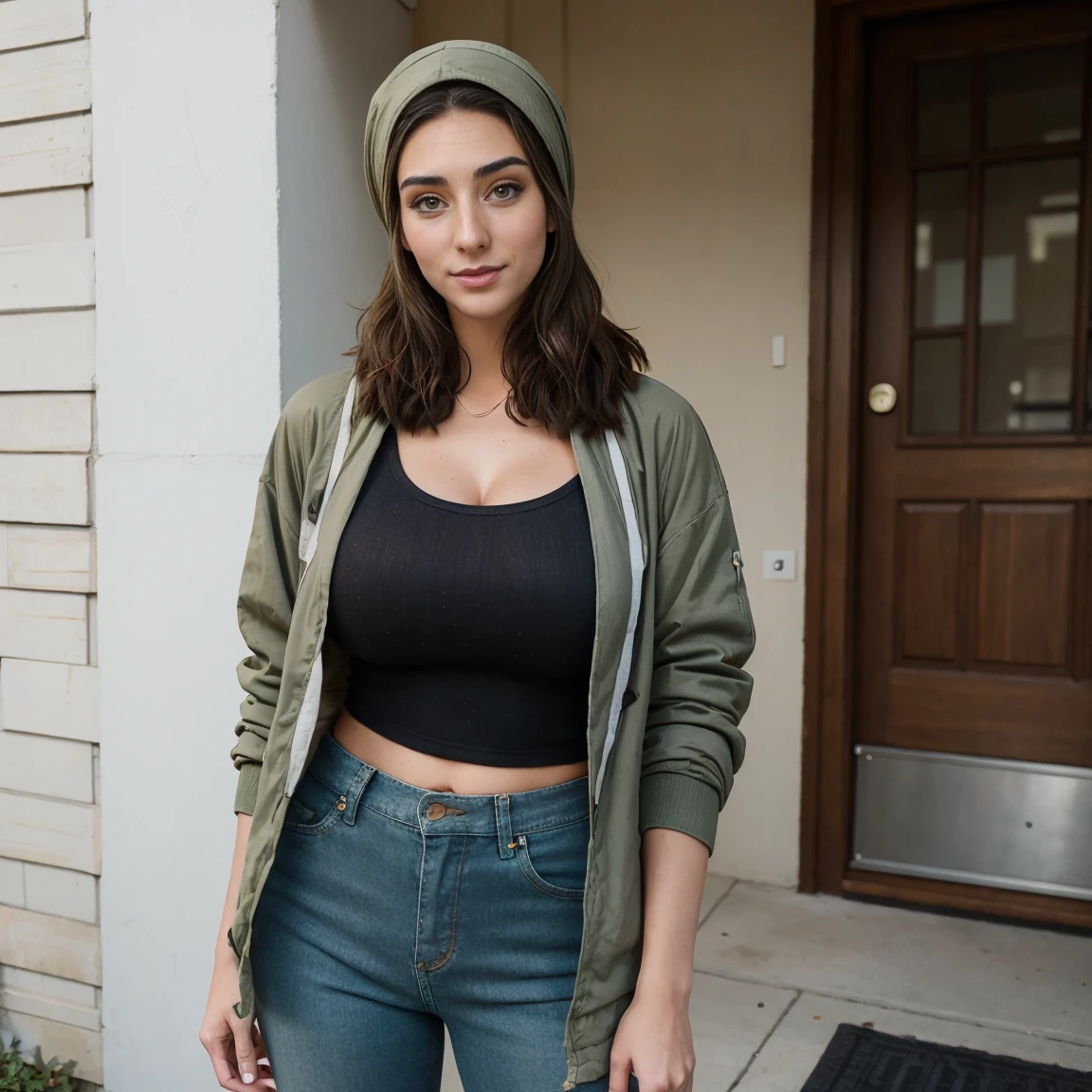 Extremely busty thin and toned brunette photographer, college girl, fair skin, loose side sweep, soft face, athletic, bandana babushka headwrap, tight olive green casual windbreaker, skinny jeans. standing in front of her apartment building, outdoors, city, camera bag, cleavage 