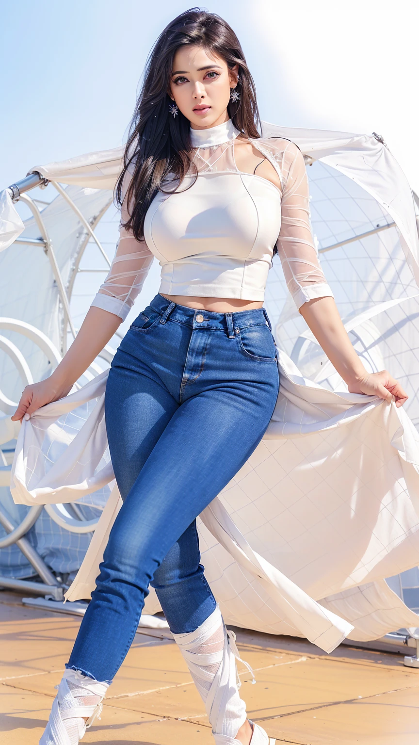ultra realistic glamor photo of swti woman, outdoors, realistic skin texture, looking looking at camera, blue jeans, white mesh turtleneck, dynamic pose, simple white background ,cameltoe,pussy exposed,legs spread