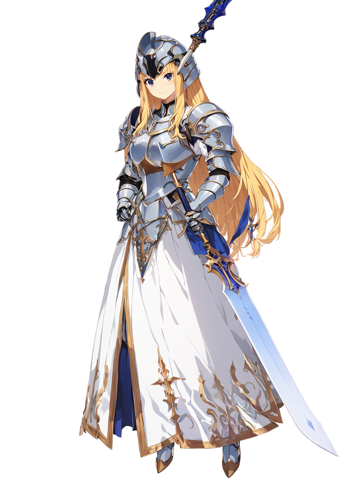 high quality, high resolution, high qualityのゲームアートスタイル, whole body,Valkyrie,perfect hand,Official Art, Smooth game CG art, Visual Novel Sprites, White background,Smooth game CG art, (((Woman with a long spear))),A woman wearing a white dress and light blue armor, An intricately designed helmet with white feathers,Small shield, (((In his right hand he holds an elaborate long spear))),Exquisite light blue armor,Golden Hair, long hair, female knight, Rin々Shii,Large Bust,20-year-old,