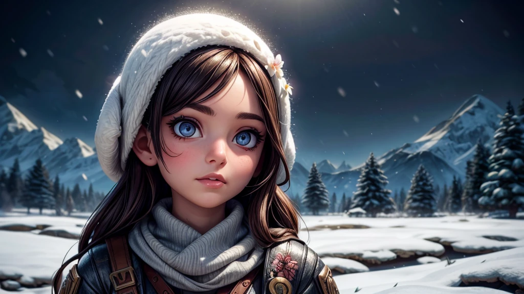 flower field, snow scene, beautiful sniper, highly detailed portrait, beautiful detailed eyes, beautiful detailed lips, extremely detailed eyes and face, long eyelashes, high quality, 8k, hyperrealistic, photorealistic, hyper detailed, realistic, masterpiece, intricate details, sharp focus, professional lighting, vivid colors, moody lighting, dramatic chiaroscuro, cinematic framing, atmospheric, breathtaking, fantasy, concept art