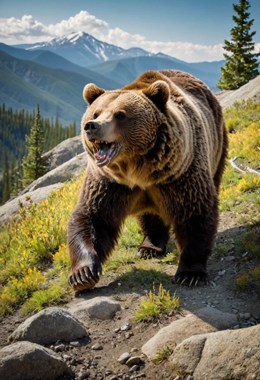 A Realistic Grizzly Bear down into the mountain