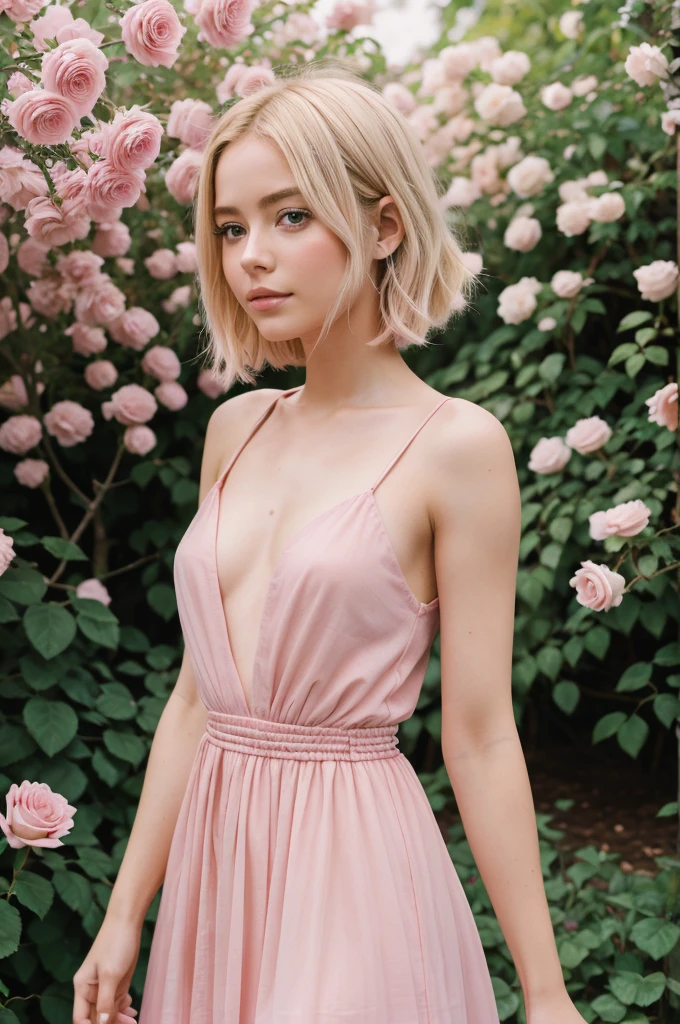 8k, RAW photo, Fujifilm, style photo of a beautiful young woman as avril in a garden of light pink roses (highly detailed skin: 1.2) Style-Petal BREAK short hair, blonde hair with colored locks, wearing a dress, film granulation, 35mm, cute style