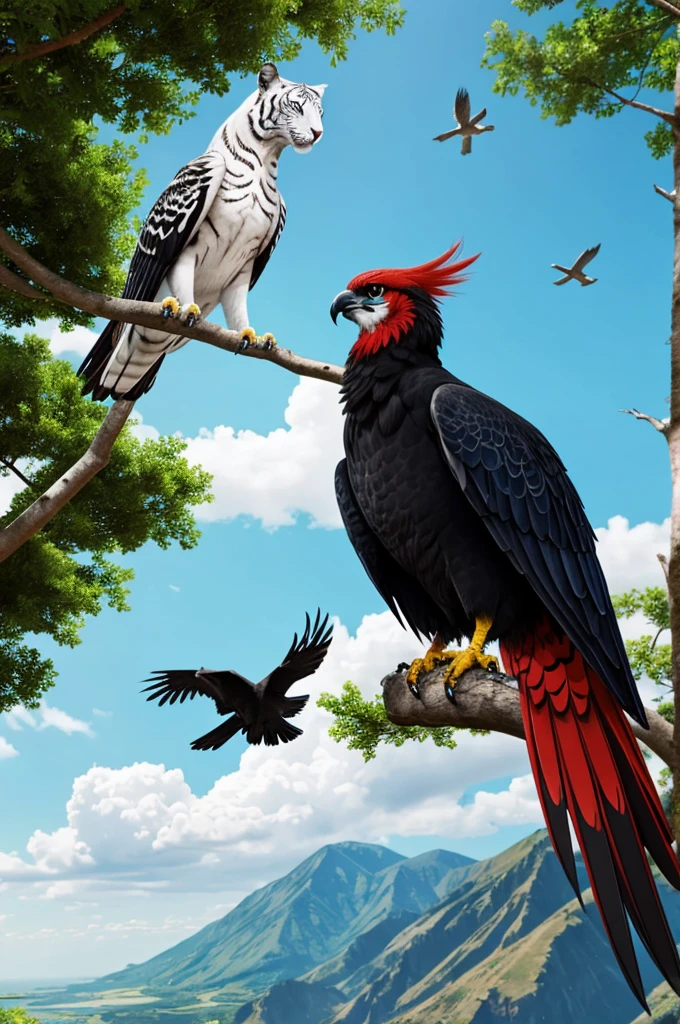 anime, red phoenix bird flying in the daytime sky, under the bird a white tiger with blue eyes, at his side an earth Golem, in a tree you see a black crow
