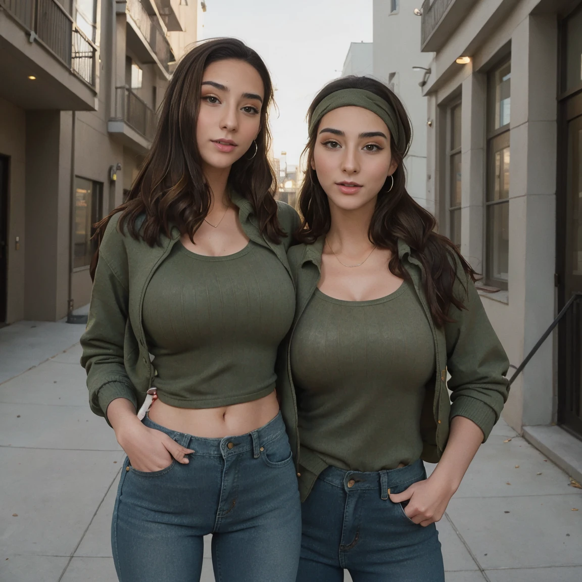 Extremely busty thin and toned brunette photographer, college girl, fair skin, loose side sweep, soft face, athletic, bandana babushka headwrap, tight olive green casual windbreaker, skinny jeans. standing in front of her apartment building, outdoors, city, camera bag, cleavage