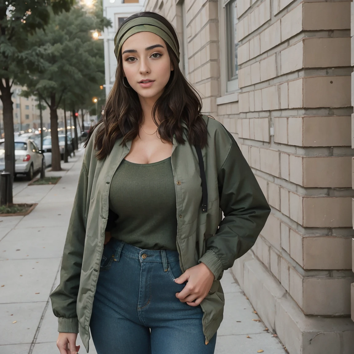 Extremely busty thin and toned brunette photographer, college girl, fair skin, loose side sweep, soft face, athletic, bandana babushka headwrap, tight olive green casual windbreaker, skinny jeans. standing in front of her apartment building, outdoors, city, camera bag, cleavage