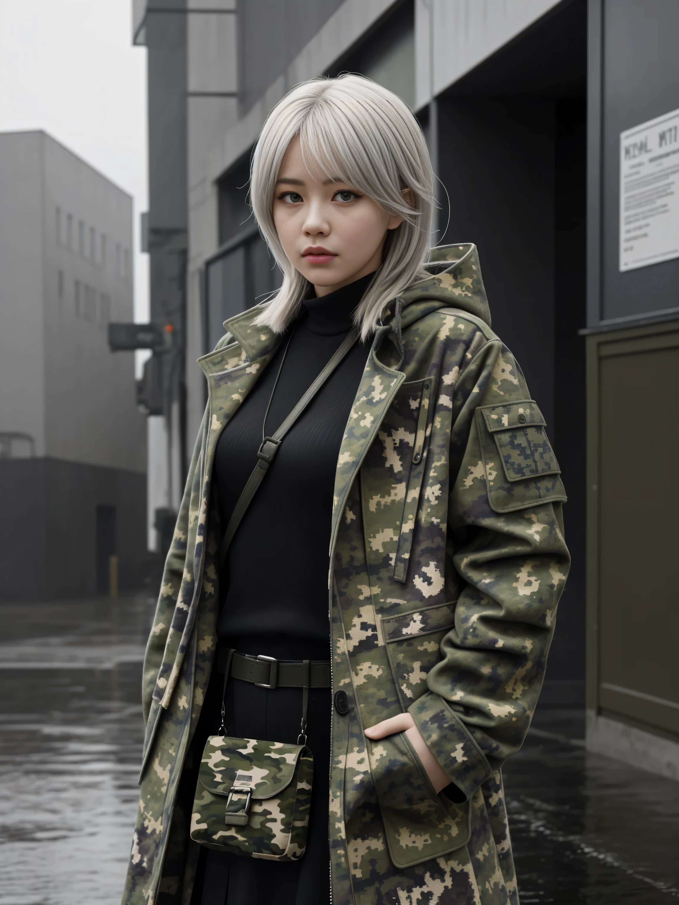 2B, Nier. perfect and symmetrical body photorealism, hyperrealism, cinematic, A stunning street-style portrait of YoRHa Nº 2 braving the elements. Dressed in (((camouflage military))) clothing With a worn texture,  they are set against a desolate urban environment. Rain falls, creating a cinematic atmosphere as the drops hit the surface of the coat. Intricate details such as patched repairs and buckled straps accentuate the character's resilience and resourcefulness. The scene is captured in a high-contrast, emphasizing the interplay of light and shadow.