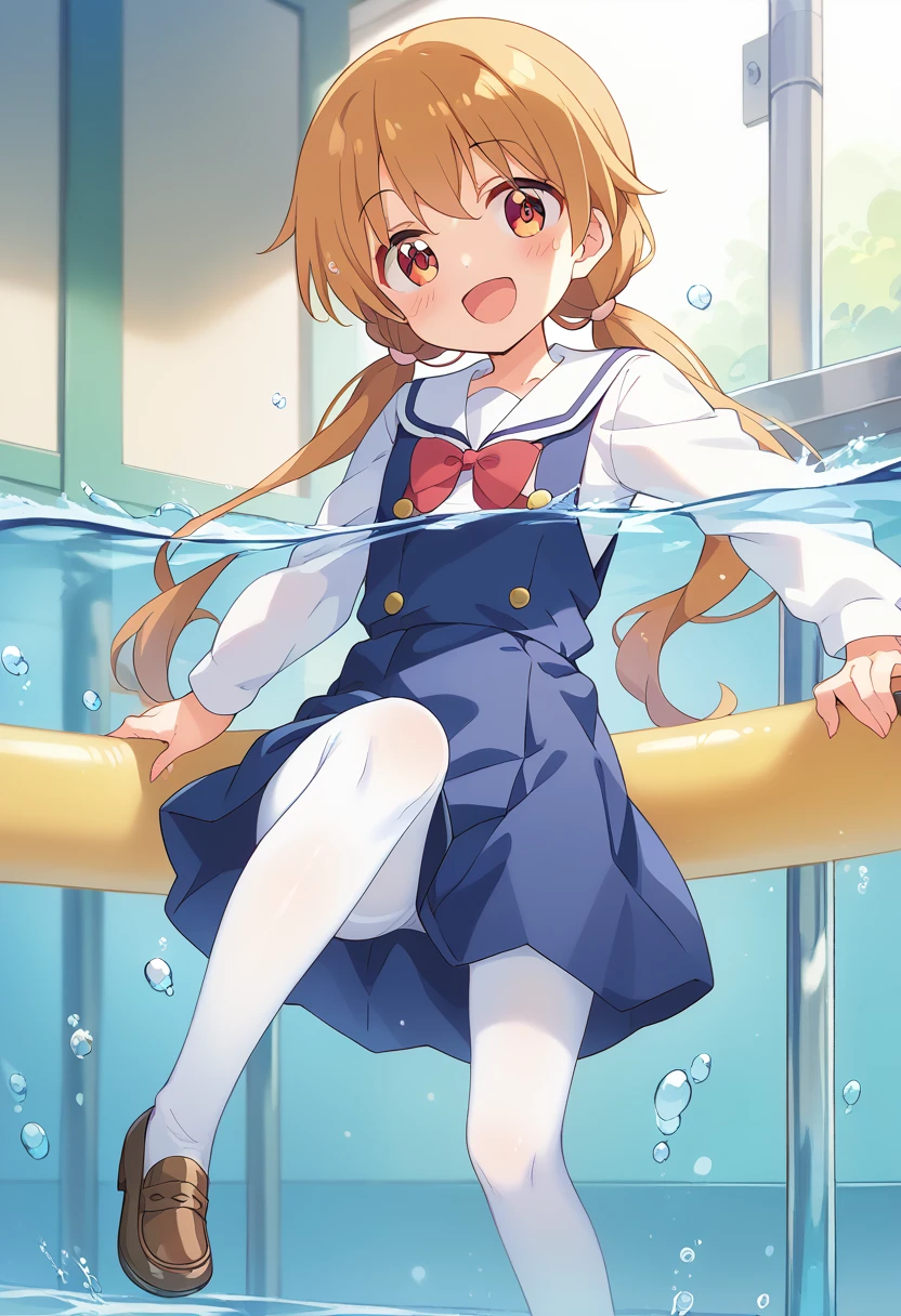 score_9, score_8_up, score_7_up, source_アニメ, masterpiece, 1girl, watahana, blue dress, sailor dress, pinafore dress, white sailor collar,white shirt, red bowtie, long sleeves, flat chest, white pantyhose, loafers, White socks、cowboy shot, looking at viewer, indoors, open mouth, shiny hair, smile, Open your mouth, cuteポーズ, (Completely flooded)、Immersed in water、Transparent pool, Water Play, Primary school students、Skirt fully open、Long wide skirt、cute、blush、Watery eye、Lots of water、Wet、((The skirt spreads over the water surface.))、(Drowning)、