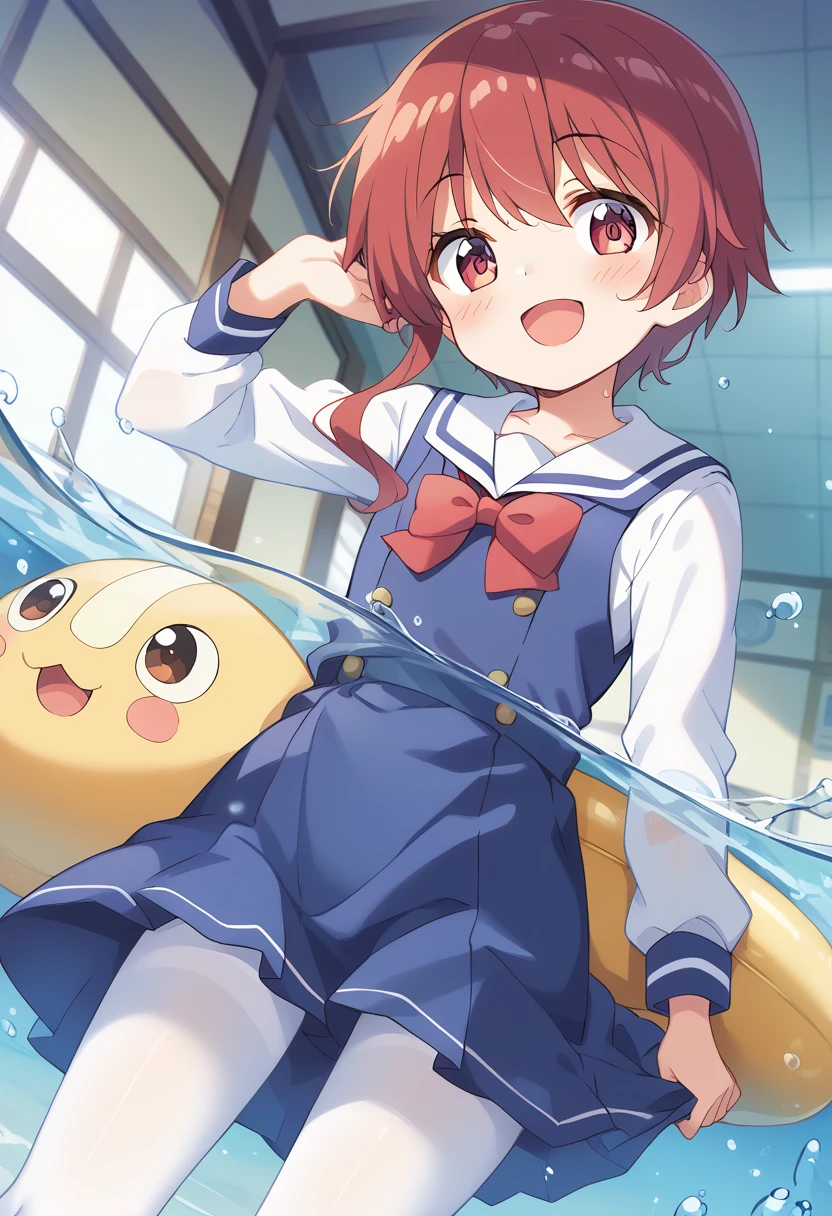 score_9, score_8_up, score_7_up, source_アニメ, masterpiece, 1girl, watahana, blue dress, sailor dress, pinafore dress, white sailor collar,white shirt, red bowtie, long sleeves, flat chest, white pantyhose, loafers, White socks、cowboy shot, looking at viewer, indoors, open mouth, shiny hair, smile, Open your mouth, cuteポーズ, (Completely flooded)、Immersed in water、Transparent pool, Water Play, Primary school students、Skirt fully open、Long wide skirt、cute、blush、Watery eye、Lots of water、Wet、((The skirt spreads over the water surface.))、(Drowning)、