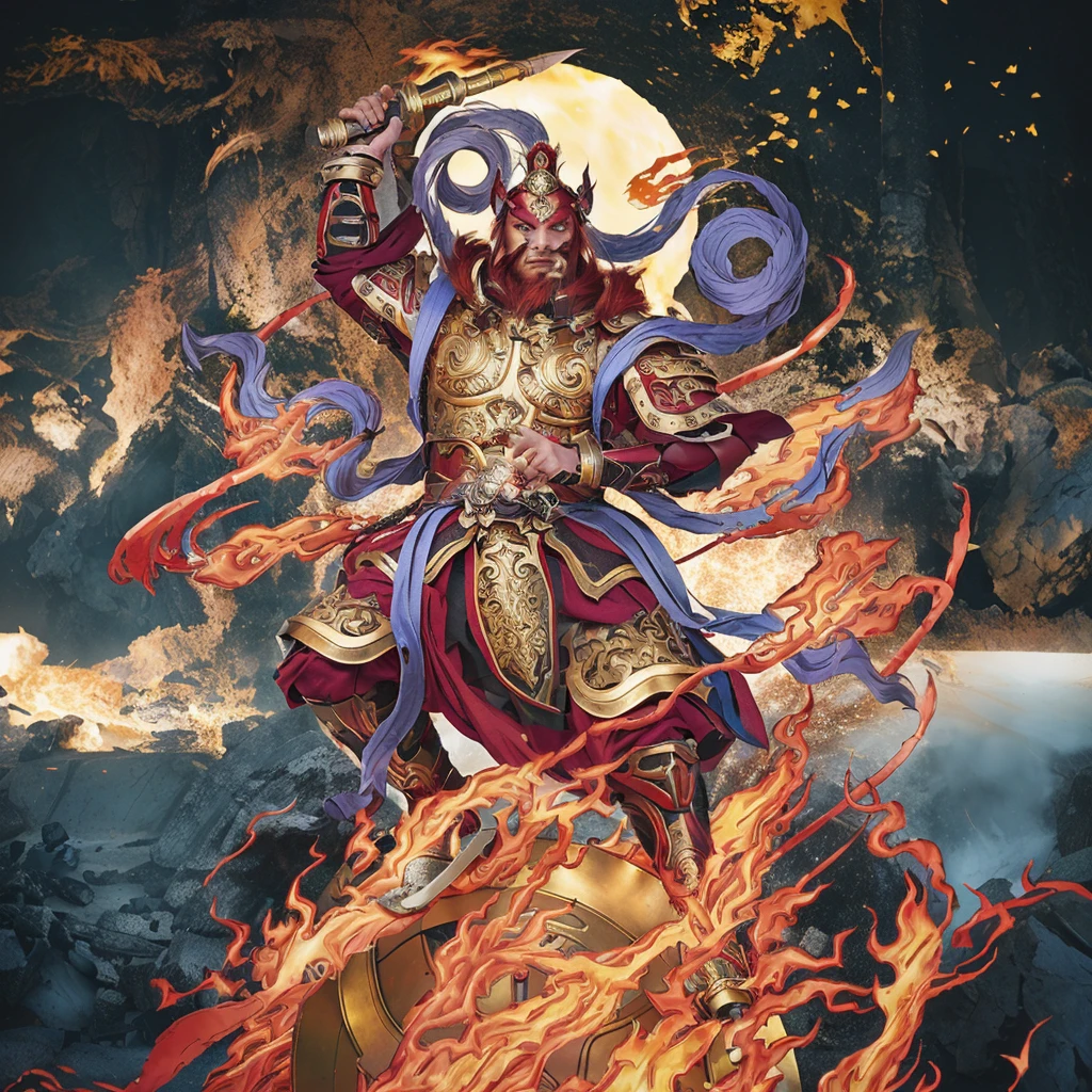 red hair male  asura (3 eyes) warrior look, ancient chiense armour, surrounded by fire, sending on a huge wheel, holding a metal whip weapon (sword), purple deity ribbon, fierce look, 