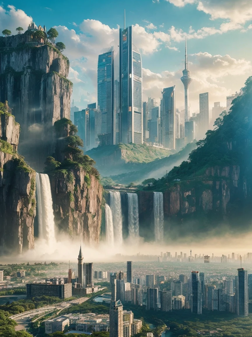 Huge castles and skyscrapers floating in the sky Cyberpunk Isekai Fantasy Top Quality Ultra High Definition Utopia 8K Giant Waterfall Mother Nature