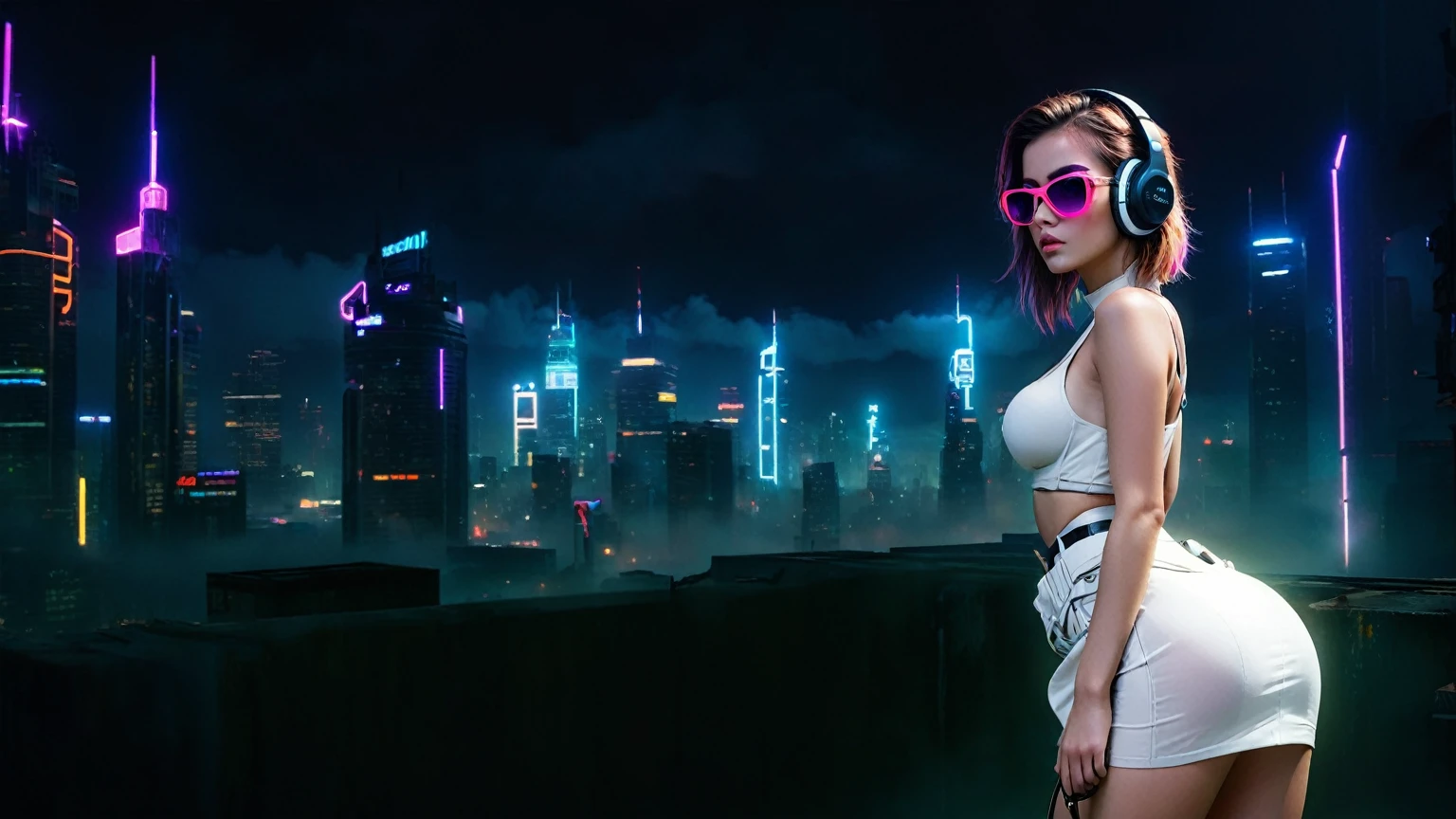 dark futuristic landscape, at night, neon lights, Atmospheric fog, large buildings in the background, futuristic city, streets with open shops, skyscraper (postapocalyptic city:1.3). (((1girl, solo, alone))), large-breast:1.2 slim body, cleavage:1.1, sexy miniskirt, (((headphone, black sunglasses, standing and holding pistol pose))), (((half-body thigh level medium shot))), cinematic lighting, lens flare, ray tracing.