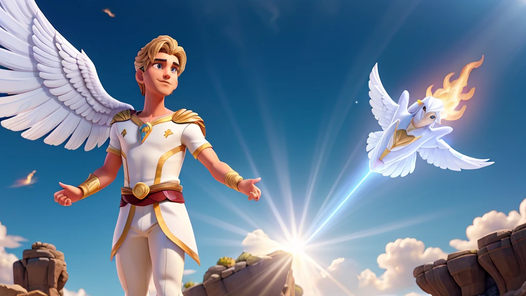 actor zane Phillips as god Apollo flying in the sky spreading light and fire, Apollo adult, tunic white, magical effect, Disney animation, high quality video, animation film scene, god Apollo, focusing on the face, actor Zane Phillips as god Apollo, sky setting and environment sun with magical rays.