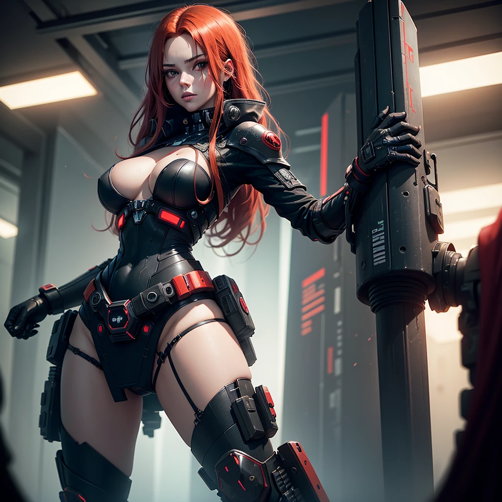 "Fantastic cyberpunk post-apocalyptic style. Beautiful cyborg girl with long red hair, dressed in a black android suit with a cleavage and small red details, stands vertically in front of the camera. The camera films her from below. She stands over the camera in a dominant face sitting pose. Her hands are behind her back. She looks into the lens with a playful, with a slightly flirtatious look and a slight smile. Her thighs are exposed. Dark background with red flashes and lights, creating an atmosphere of slight sadness. The image horizon is flat. Primary colors - black and red." sci fi