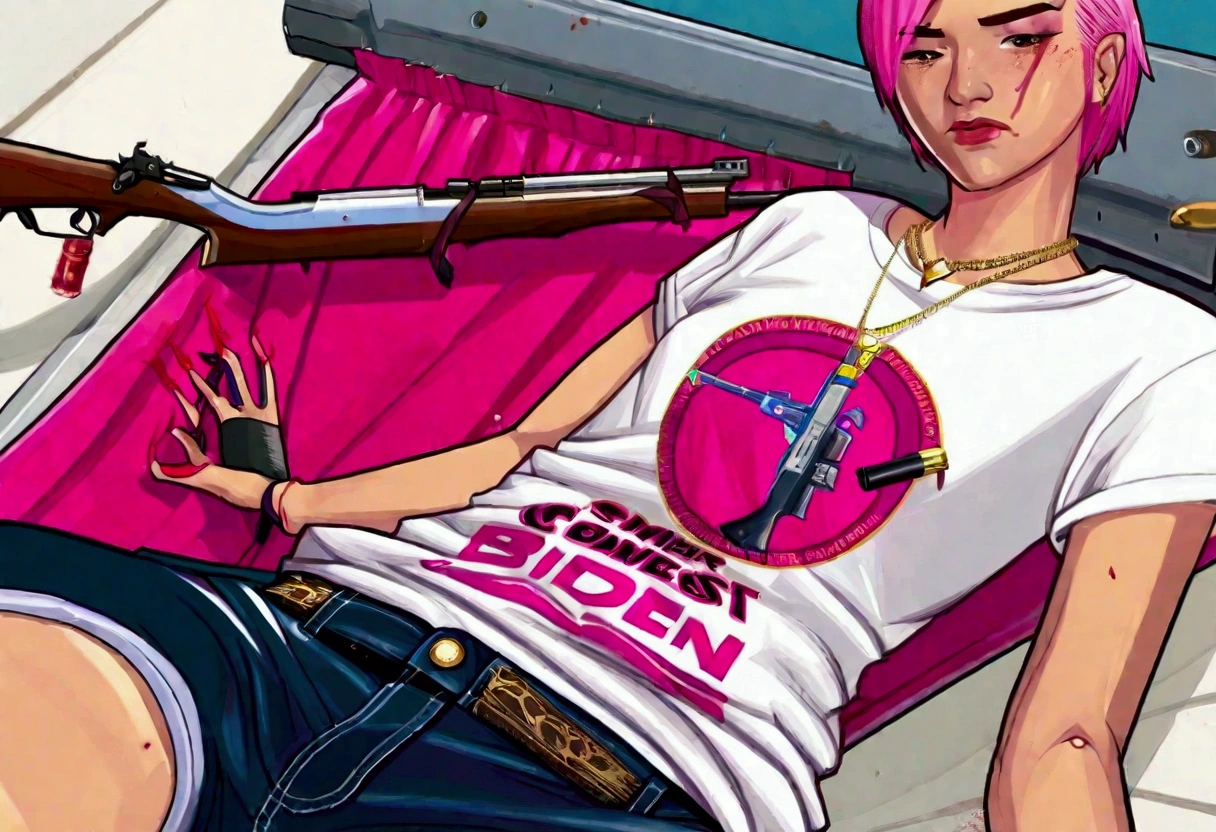 (a 20 year old femboy, short haircut, communist necklace, Joe Biden TShirt, pink panties showing over low rider pants, Sniper rifle) has been shot dead on a white roof, multiple bloody gunshots, blood pools around