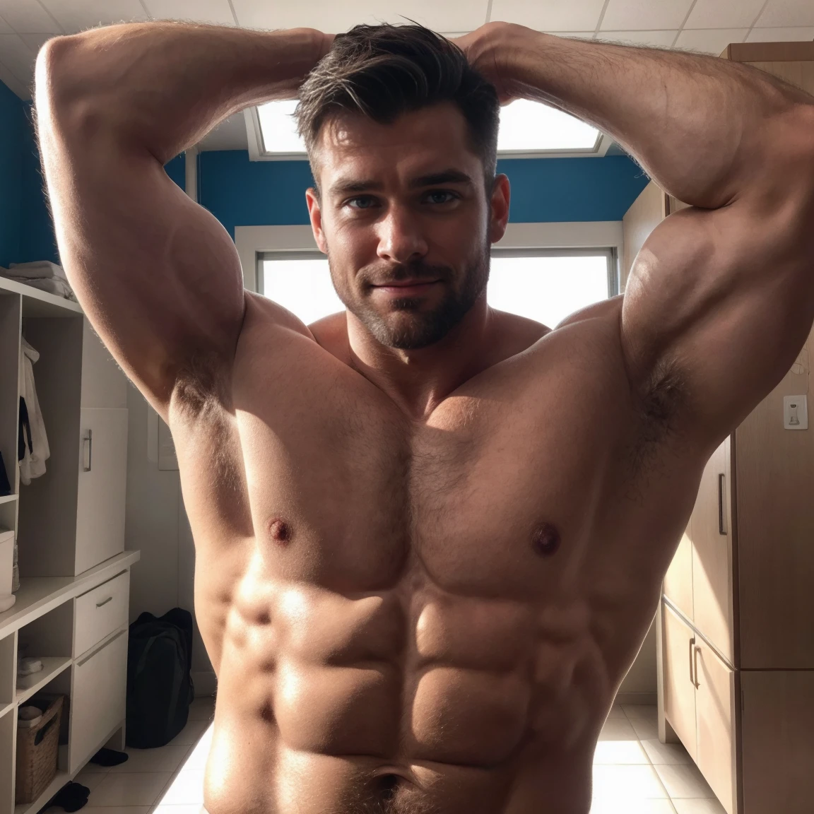 1 person, (blue eyes), Smile,American Dad,60 years old,Wearing glasses, Photos of handsome men,,Hairy body, Alpha Male, Huge biceps, Toned Abs,((face and upper body focus:1.3)), (Masculine:1.4), (Romantic lighting:1.3), (sexy pose:1.2),(Muscular:1.5),(Brown Hair:1.5 ),(Body hair is brown:1.5),(Wrinkles on the skin:1.5),(whole body portrait:1.5),(Skin Radiance:0.5),masterpiece, Amazing photo, Very detailed, In the school locker room,Excited, Erect bulge, No clothes, Messy Hair, Brown Skin, face, whole body, Body with chest hair, Thin and weak body, Only the lower part is hairy; on the other hand, Muscular body, Broad chest muscles, expensive, Dominant, No clothes very short and straight black hair, 白人またはWhite skin, face, whole body, I have a lot of hair on my chest, A little whisker for a day, The lower part is hairy; Very detailedな肌, Skin pores, , Sunny weather, vapor, shower, 8k uhd, Digital SLR, Dim lighting, high quality, Film Grain, Wearing a white micro thong with a medium volume,青White skin, skinny, Good lighting, very 青White skin, White skin, Models with an attractive body,Medium bulge and medium ass,(最high quality, 8k, masterpiece). Attention to detail , Superior Quality, Natural light, beautiful, sexy, Correct Anatomy, Good composition,Realistic shapes, Realistic Skin Tones,Natural eyes,Realistic eyes,Looking up at the viewer,Wupple,Realistic muscles,Realistic skin wrinkles,Realistic arms and legs,Realistic face,Realistic Hair,Make a sexy and seductive face, Clear focus: 1.2, Perfect body masculinity: 1.4 , Slim Abs: 1.2, Highly detailed face and skin texture, Detailed eyes, double eyelid, Big upper lip, Male Focus,Great composition, Front view, High resolution, Volumetric lighting, 超high quality, elegant,Post a sexy photoshoot,Realistic pose,Detailed Hair,whole body,Photorealistic Art for Fujifilm XT3 by midjourney,faceのみ,faceのアップ,Kill with eyes,Facing forward,The coolest in the world、ハーフface