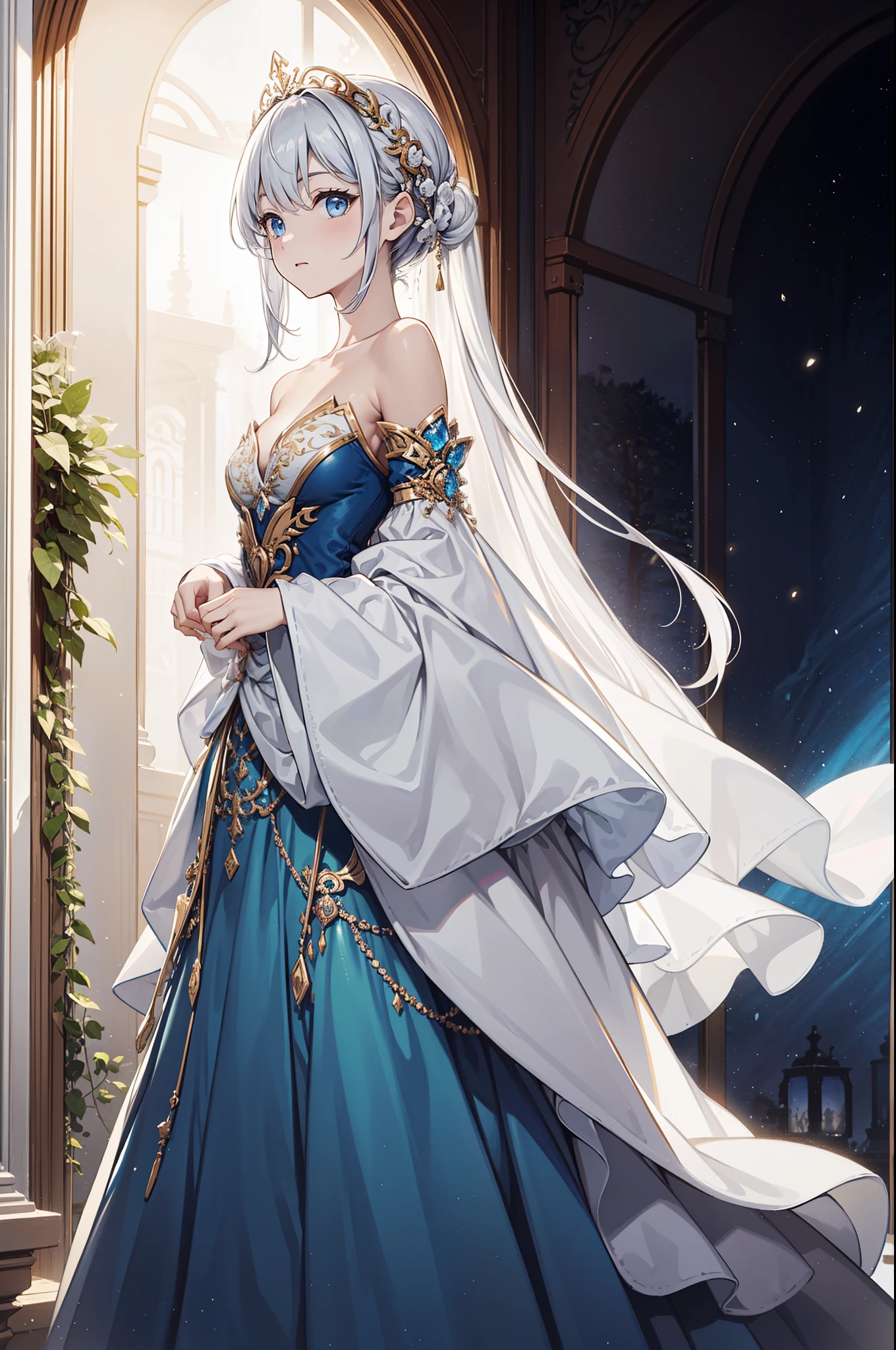 (best quality,4K,8K,high resolution,masterpiece:1.2),Extremely detailed,,,magic,enchanting,joy,Holy Goddess,magical effect,Silver Hair,blue eyes,Luxurious evening dresses,Beautiful decoration,Features of the magical costumes of the heavens,A small amount of sky blue cloth,Exquisite clothing,Layered Skirt,detailed lace,Delicate ruffles,Banquet hall,Solitary,night,Sacred stripes,Transparent clothing,jewel embellishment,Dancing gently