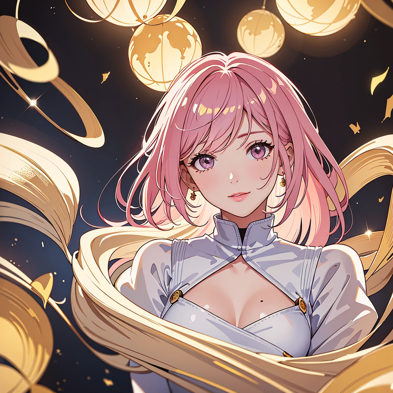 (masterpiece, high quality, best quality, 4k, 8k:1.4), 1girl, solo, pink hair, brown eyes, double-parted bangs, long hair, (mature female, mature:1.2), mole under eye, hoop earrings, revealing white and gold dress, detailed face, beautiful detailed eyes, beautiful detailed lips, extremely detailed face, long eyelashes, intricate details, soft lighting, soft color pallette, accurate anatomy