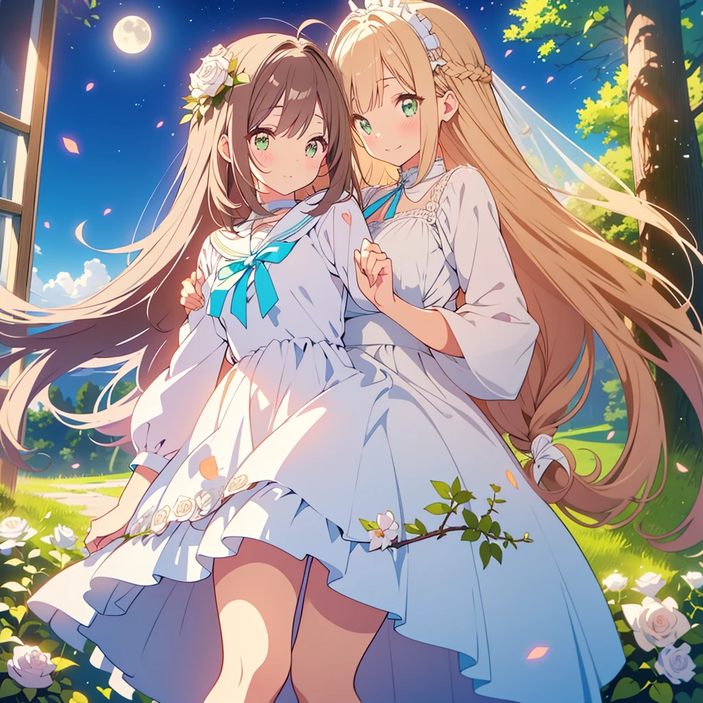 kawaii, anime, Cute, hyper quality, highly detailed, 8k, Front facing, Clarity, brown long hair, green eyes, smile, white rose, Set in Alice's Wonderland, planted white roses, white rose petals are dancing, Draw facial expressions in detail, striped overknee socks, Alice's maid costume with big ribbon, mark with sue, playing cards, clock, fairy tale, fantasy, shine of light, highlight on eyes, wink, My body dances, Gradation of bright sky and evening and night sky, (Rainbow, moon, full moon, and shooting stars in the sky), whole body, Twisted trees of different sizes, twisted ivy, rabbit, white roses bloom, white rose petals, small angel wings on the back, The only character is a girl, twilight, dawn, ribbon headband, 	