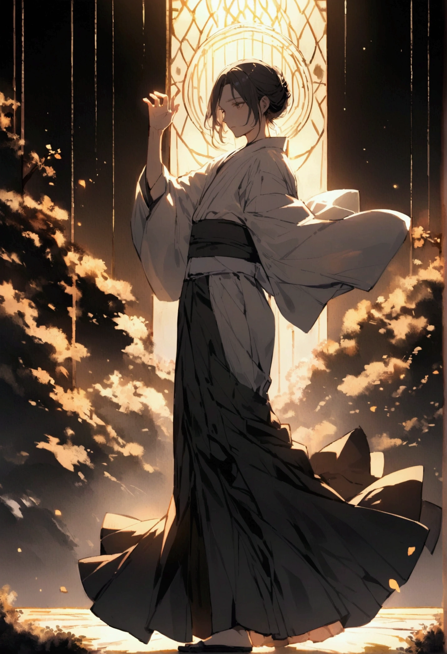 A man wearing a Japanese yukata raises his whole body with one hand