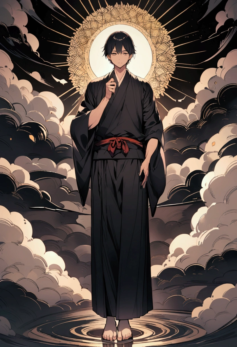 A man wearing a Japanese yukata raises his whole body with one hand