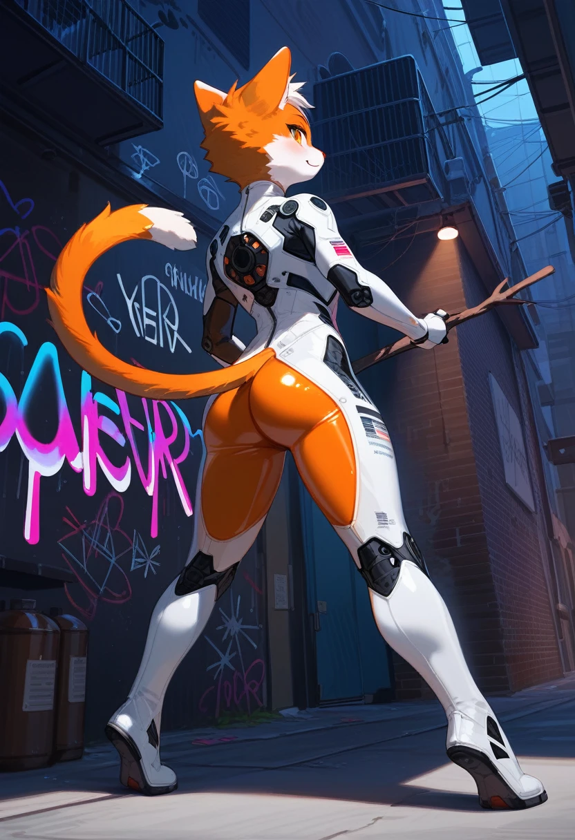 animation, Highest quality, Highest quality, High quality illustrations, masterpiece, Ultra-high resolution, Detailed Background, Back Alley, night, wall graffiti art, Absurd, Perfect Anatomy, performance, Good lighting, Shadows in the movies(kemono, Furry PersonifiCation), Cat, Orange skin, White Rubber Suit, latex, neon, neonライト, neonカラー, Bodysuits, Cyber Suit, Mech Suit, cyber punk, Stick your butt out, Dynamic Angle