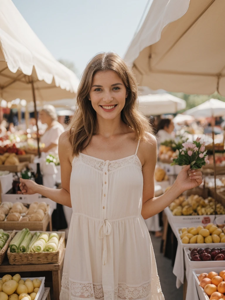 Chloe Laurent, 1girl, solo, realistic, (((consistent face and image))), ((Caucasian mature)), ((French woman)), ((French nose)), ((French lips)), ((French body and skin)), ((upper body and upper legs)), A model in a rosy sundress walking through outdoor market, smiling