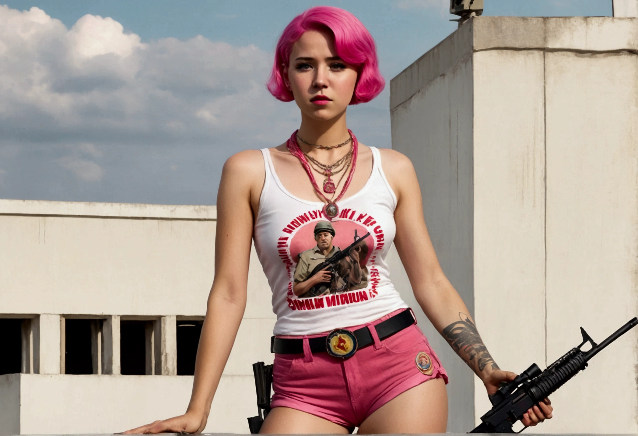 (a 20 year old femboy, short haircut, communist necklace, Joe Biden TShirt, pink panties showing over low rider pants, Sniper rifle) has been shot dead on a white roof, multiple bloody gunshots, blood pools around
