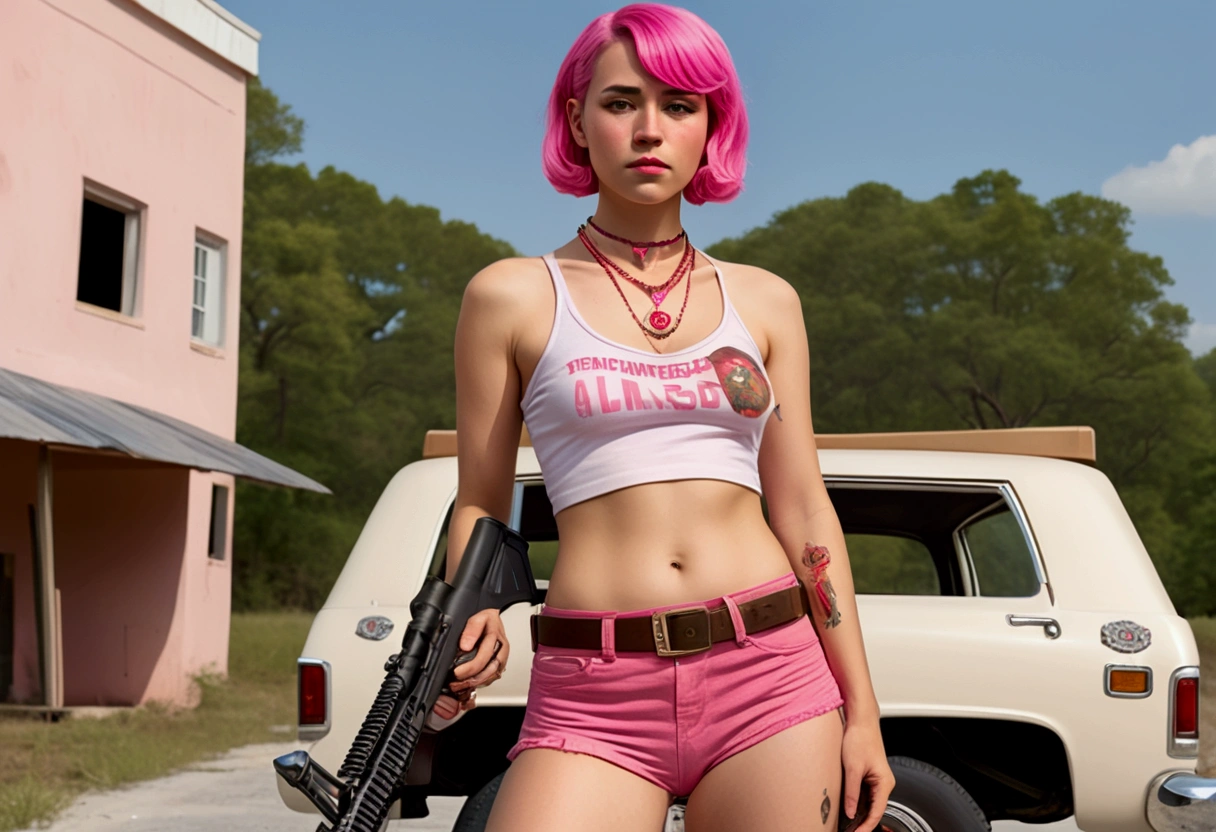 (a 20 year old femboy, short haircut, communist necklace, Joe Biden TShirt, pink panties showing over low rider pants, Sniper rifle) has been shot dead on a white roof, multiple bloody gunshots, blood pools around