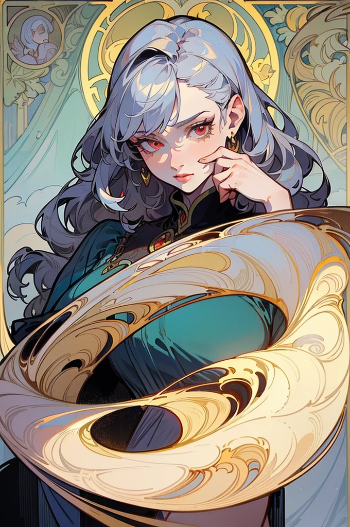 femme de 50 ans, Middle-aged European, ((trentenaire)), solo, medieval tavern, [ghotic] full lips, (visage de forme ovale), (Heavenly Nose), wears a cape, peau claire et chaude, red eyes, doe eyes, very silver hair, very light, short wavy hair, Long cils, elegant and sexy dark Medieval adventure clothes, Glow, ghotic, elegant, tendance sur artstation, ((In the style of Alphonse Mucha)), inkshadow, (((Masterpiece artwork))), ((best quality)), ((complex detailed)), ((semi-realistic)), (se concentrer uniquement), (visage parfait:1.1), (high detail:1.1), clivage, dark