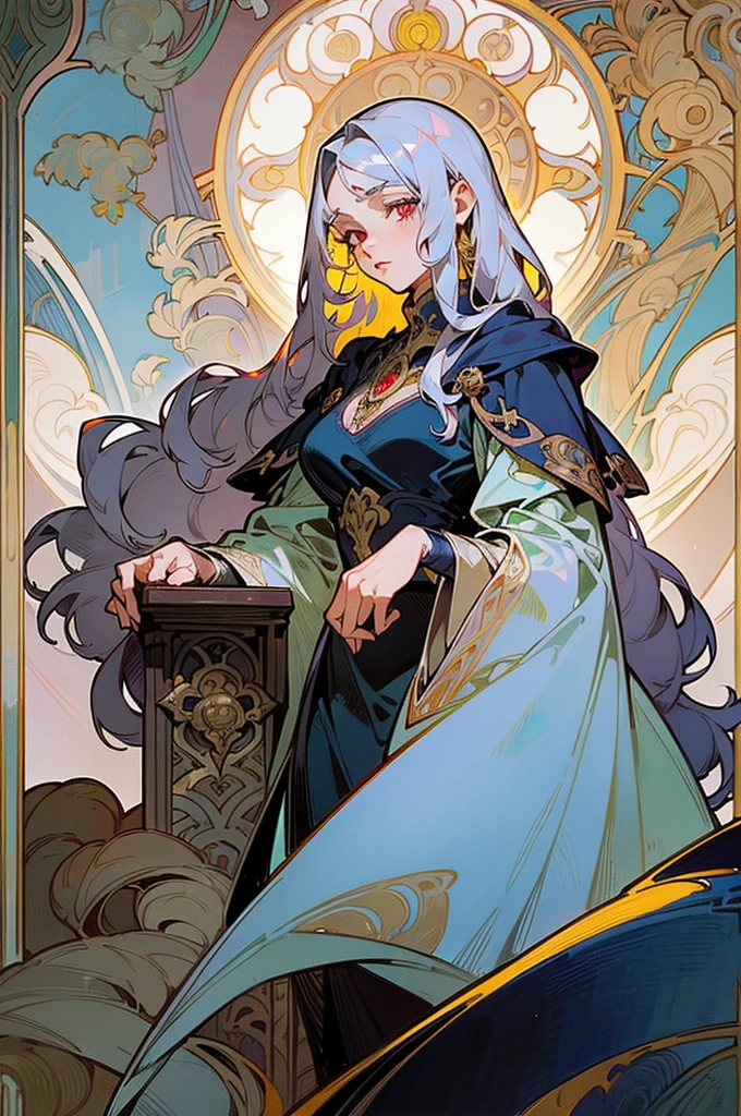 femme de 50 ans, Middle-aged European, ((trentenaire)), solo, medieval tavern, [ghotic] full lips, (visage de forme ovale), (Heavenly Nose), wears a cape, peau claire et chaude, red eyes, doe eyes, very silver hair, very light, short wavy hair, Long cils, elegant and sexy dark Medieval adventure clothes, Glow, ghotic, elegant, tendance sur artstation, ((In the style of Alphonse Mucha)), inkshadow, (((Masterpiece artwork))), ((best quality)), ((complex detailed)), ((semi-realistic)), (se concentrer uniquement), (visage parfait:1.1), (high detail:1.1), clivage, dark